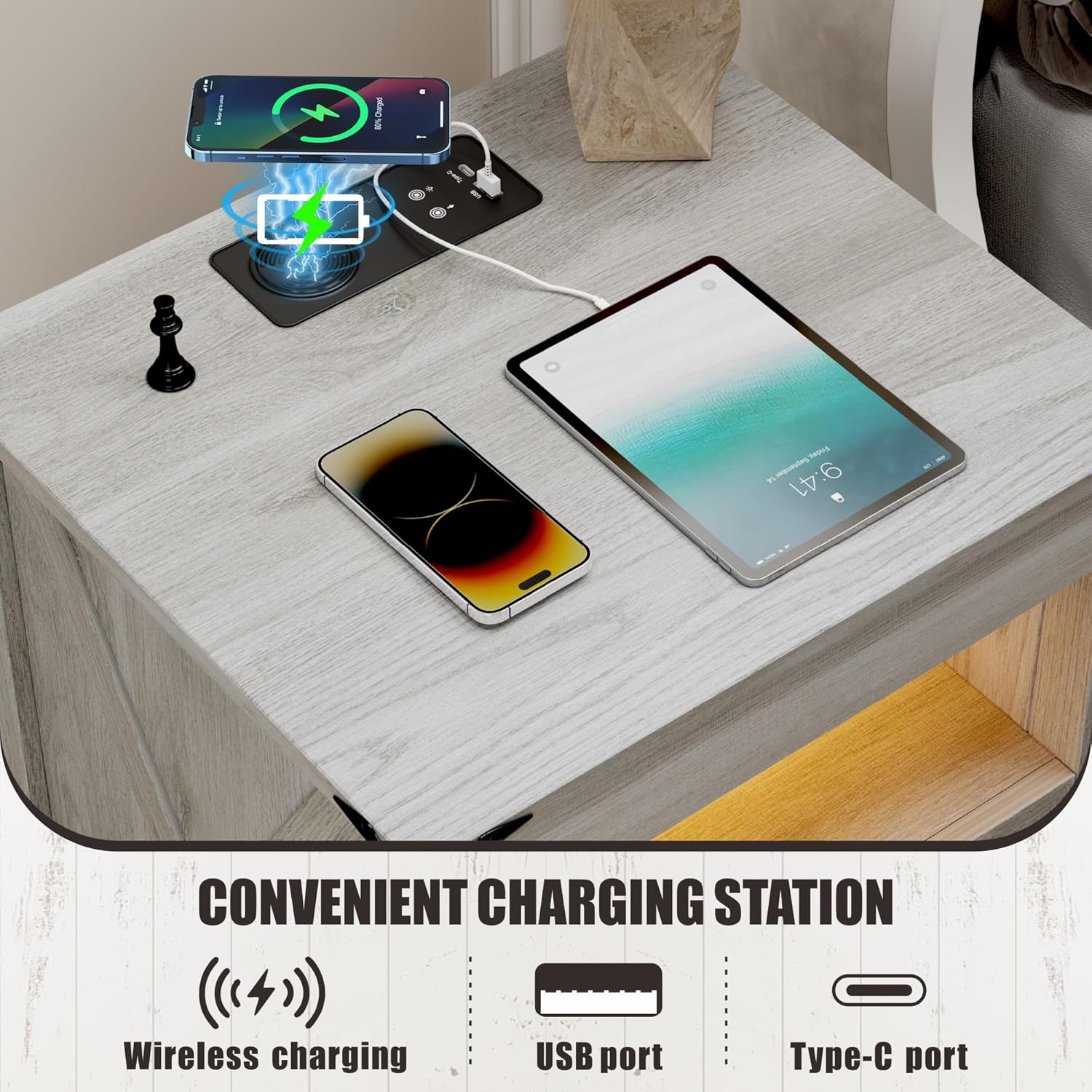 Farmhouse Night Stand with Gun Drawer, Bedside Table with Charger Station, LED Nightstand with Human Sensor Light, End Table for Bedroom Livingroom, Rustic Grey