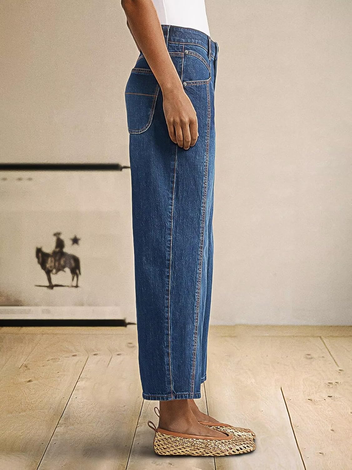 Flamingals Women’s High Rise Wide Leg Crop Jeans Barrel Leg Stretchy Baggy Boyfriend Denim Jeans - Image 2