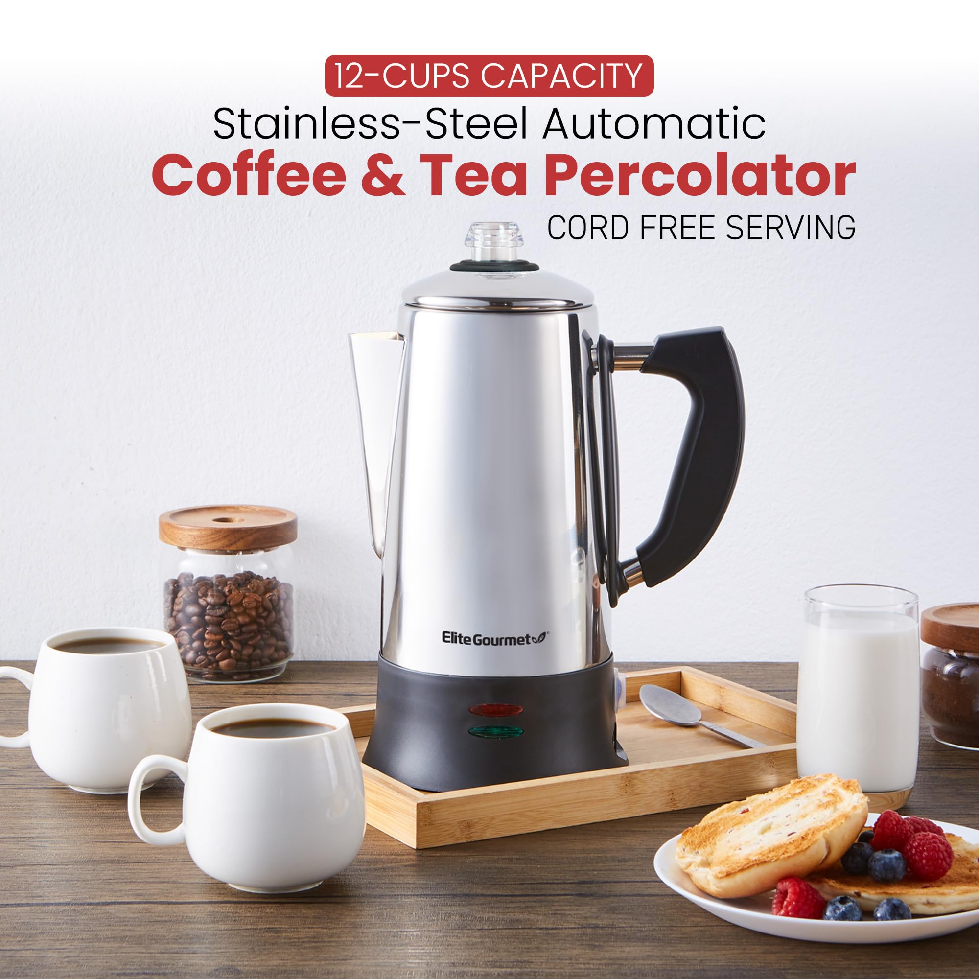 Elite Gourmet EC923 Electric Coffee Percolator, BPA Free, Keep Warm, Clear Brew Progress Knob, Cool-Touch Handle, Cordless Serve, 12-Cup, Stainless Steel