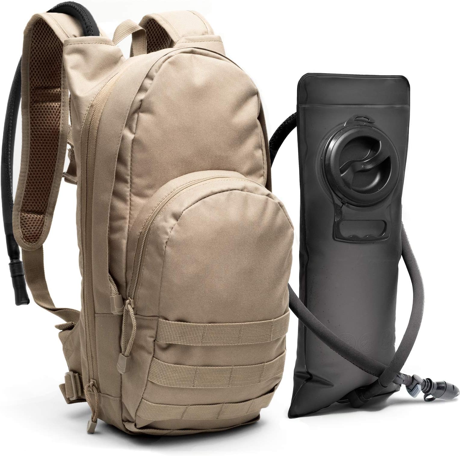 Diaz Sport Tactical Molle Hydration Pack Backpack with 3L Water Bladder. Lightweight & Durable Military Daypack Keeps Water Cold Up to 4 Hours | for Hiking Running Cycling Camping Biking | Tan Khaki