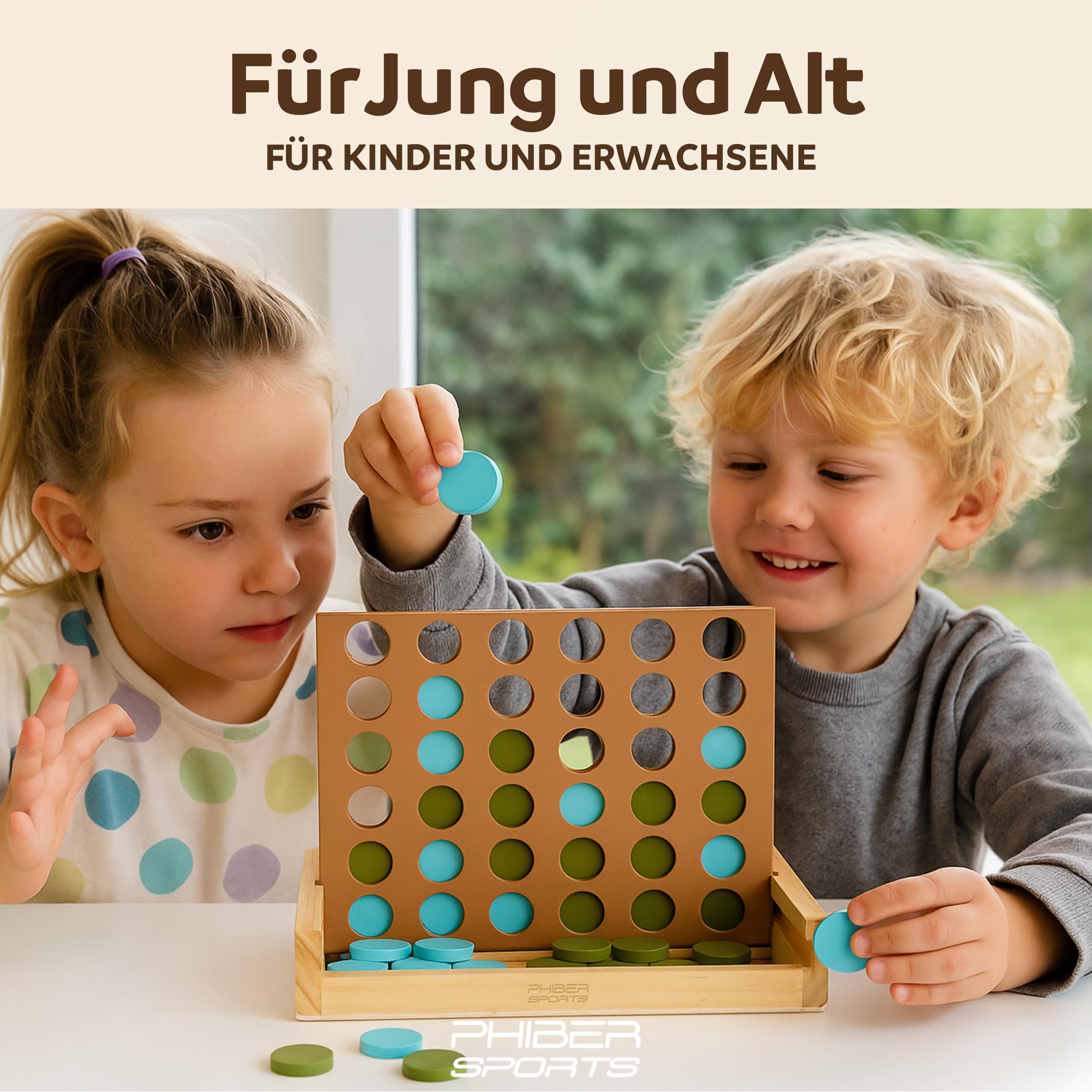 PHIBER-SPORTS 4-in-1 Holz Spielesammlung: Wackelturm, Vier-in-Einer-Reihe, Tic Tac Toe & Mikado Kinder & Erwachsene - Robust, Langlebig & Plastikfrei - Holzturm 4 Spiel