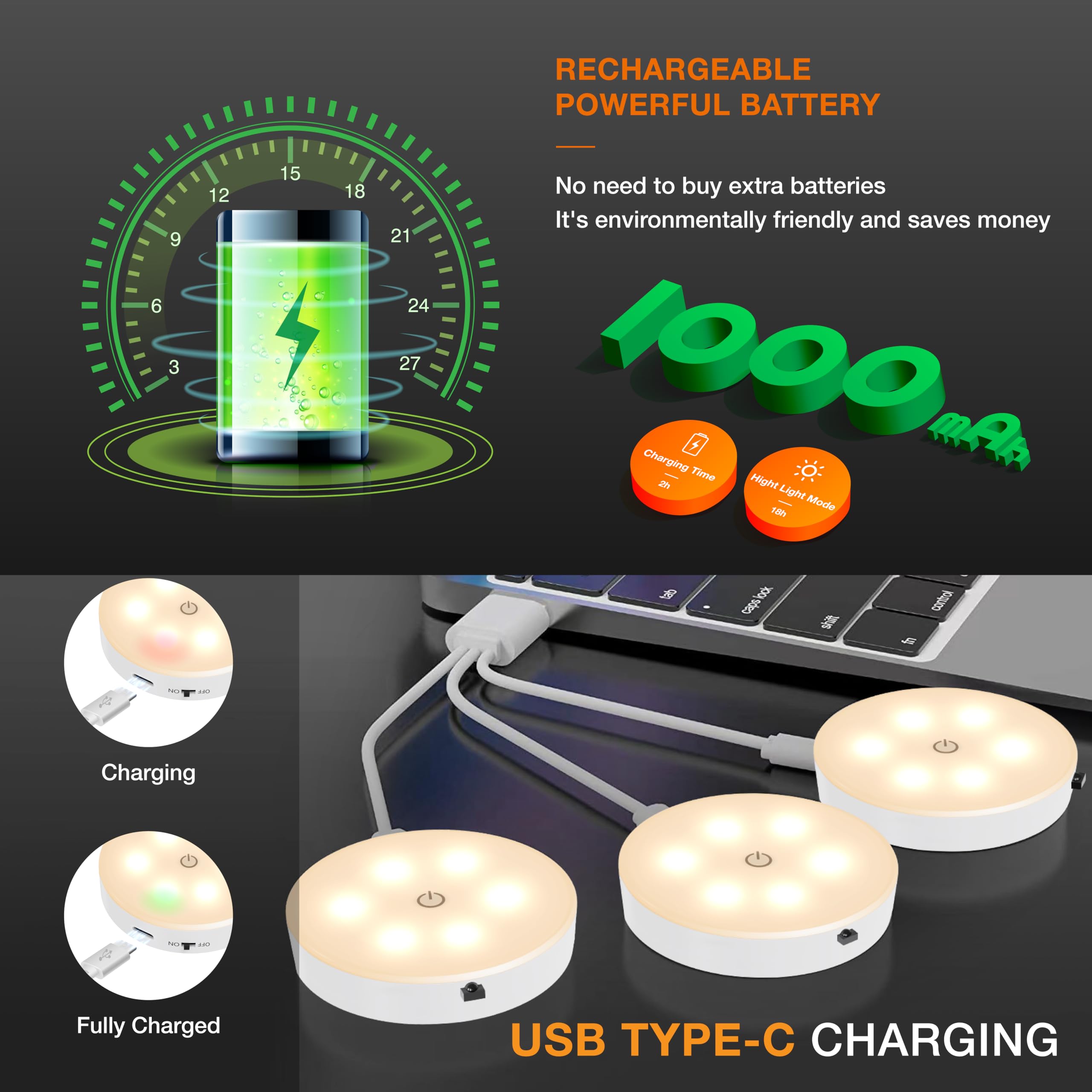 Luz LED inalámbrica con control remoto, 3 temperaturas de color regulables debajo del gabinete, luz de armario, iluminación recargable debajo del mostrador, luces adhesivas para bar, pasillo