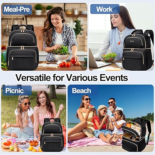 Miniatura 8 de Mochila de almuerzo aislada, bolsa de almuerzo para mujer, lonchera de dos pisos, bolsa de almuerzo a prueba de fugas, lonchera grande, bolsa de