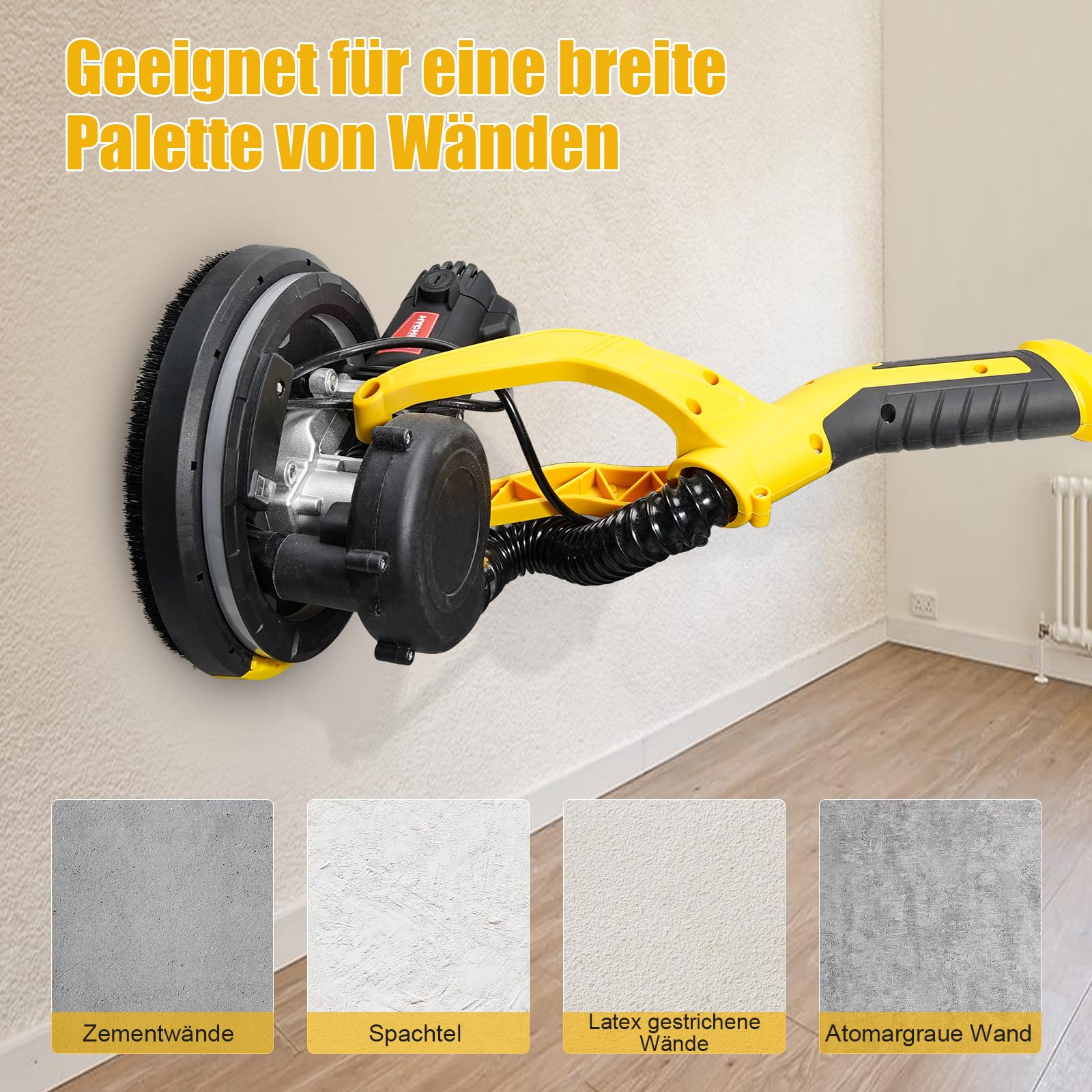 HYCHIKA Trockenbauschleifer, Wandschleifer, 750W Wand Schleifer mit Absaugung, Ausziehbarer Faltbarem Griff, Schleifgiraffe mit 6 Gänge schalten und LED-Licht Schleifteller Ø 214mm