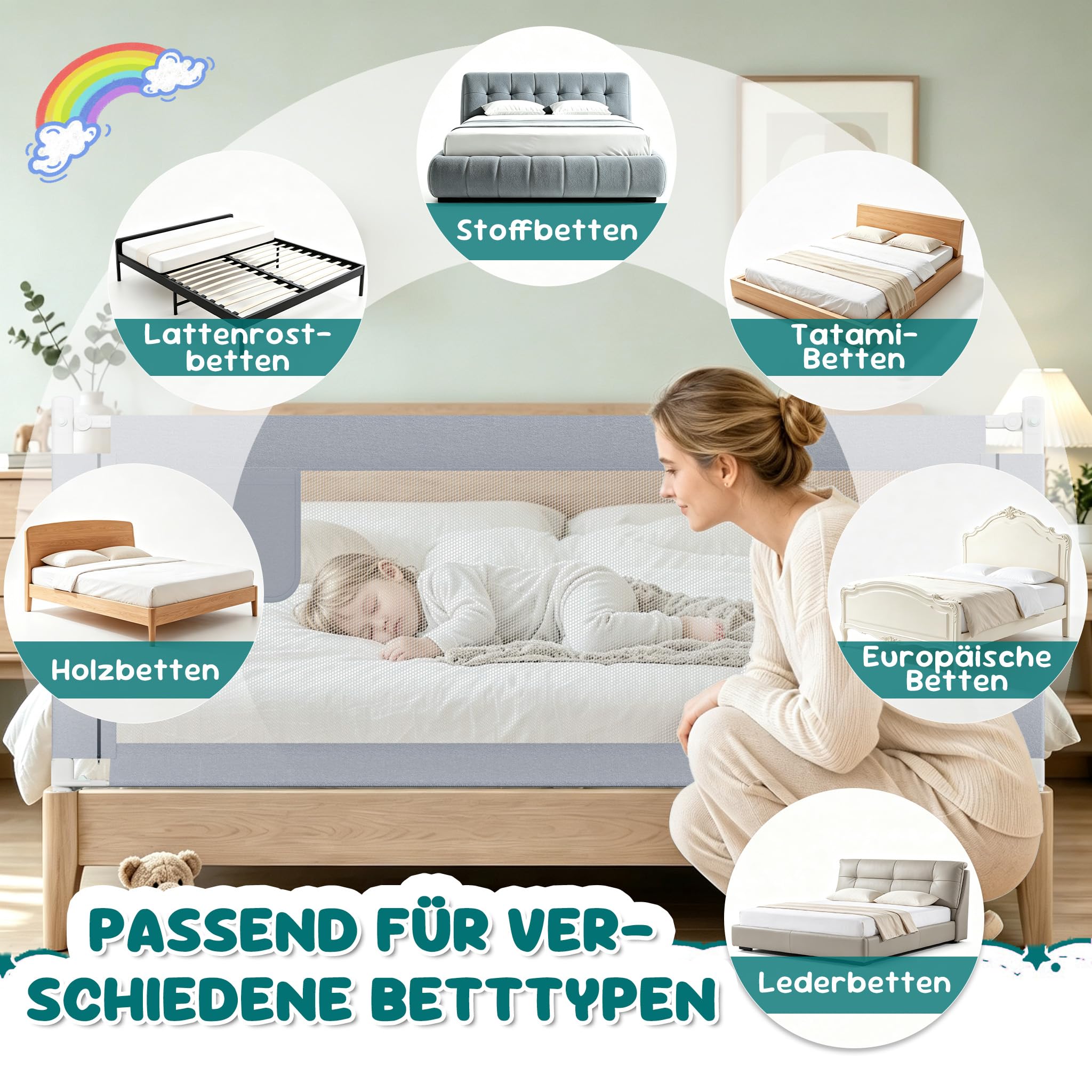 Froadp 200cm Barriera per Letto Bambini, Pieghevole Sponda Lettino Regolabile in Altezza con Doppia Chiusura Cintura Fissa e Mesh Taspirante, Portatile Guardrail Adatto per Maggior Letti(Grigio)
