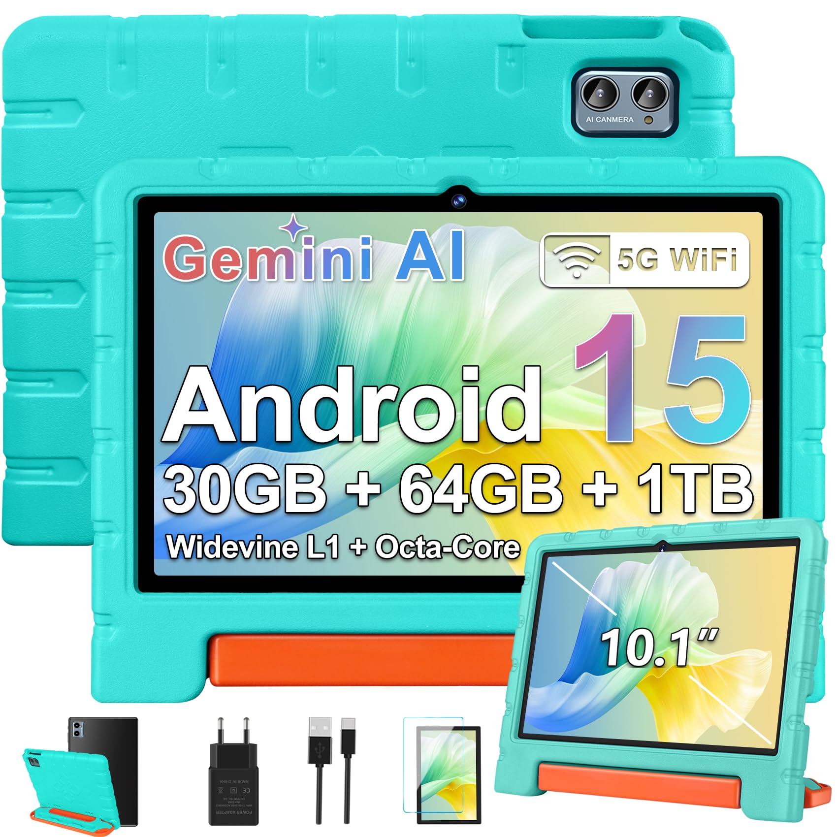ZIOVO Tablet bambini Android 15 Tablet 10 pollici, 30 GB RAM + 64 GB ROM (TF 2 TB) Gemini AI, 5 G WiFi/Octa-Core/Widevine L1/Face ID/Controllo genitore/6000 mAh/BT 5.0, Tablet con custodia EVA - Verde
