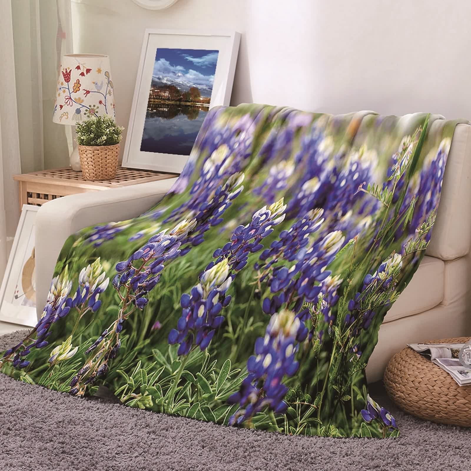 Couverture Polaire Flannel KnSam Plaid Doux Lit Motif Floral Violet