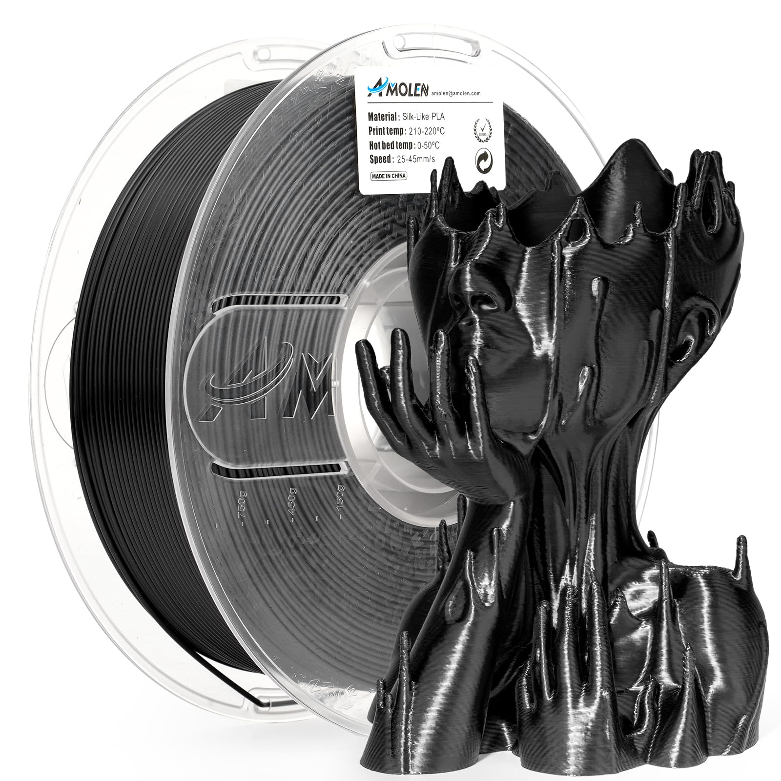 AMOLEN Silk PLA 3D Printer Filament, Shiny Silk Black PLA Filament 1.75mm, 3D Printing PLA Filament for Most FDM 3D Printer, 1kg Spool(2.2lbs)