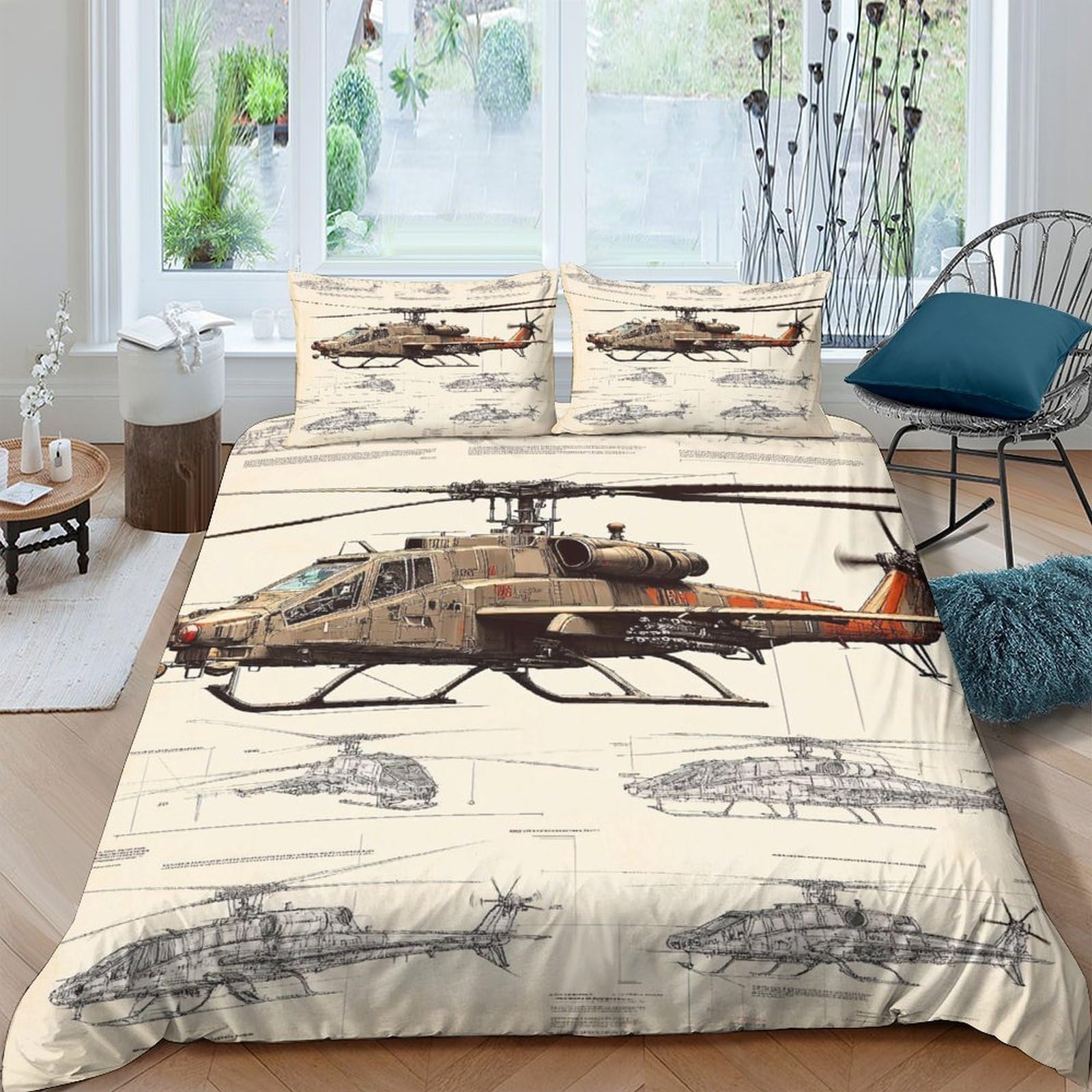 P5V6M1Q9 3D Printed Helicopter Sketch Duvet Cover Set Microfiber Soft Breathable Army Aircraft Bedding with 2 Pillowcases for Bedroom Home Single（135x200cm）