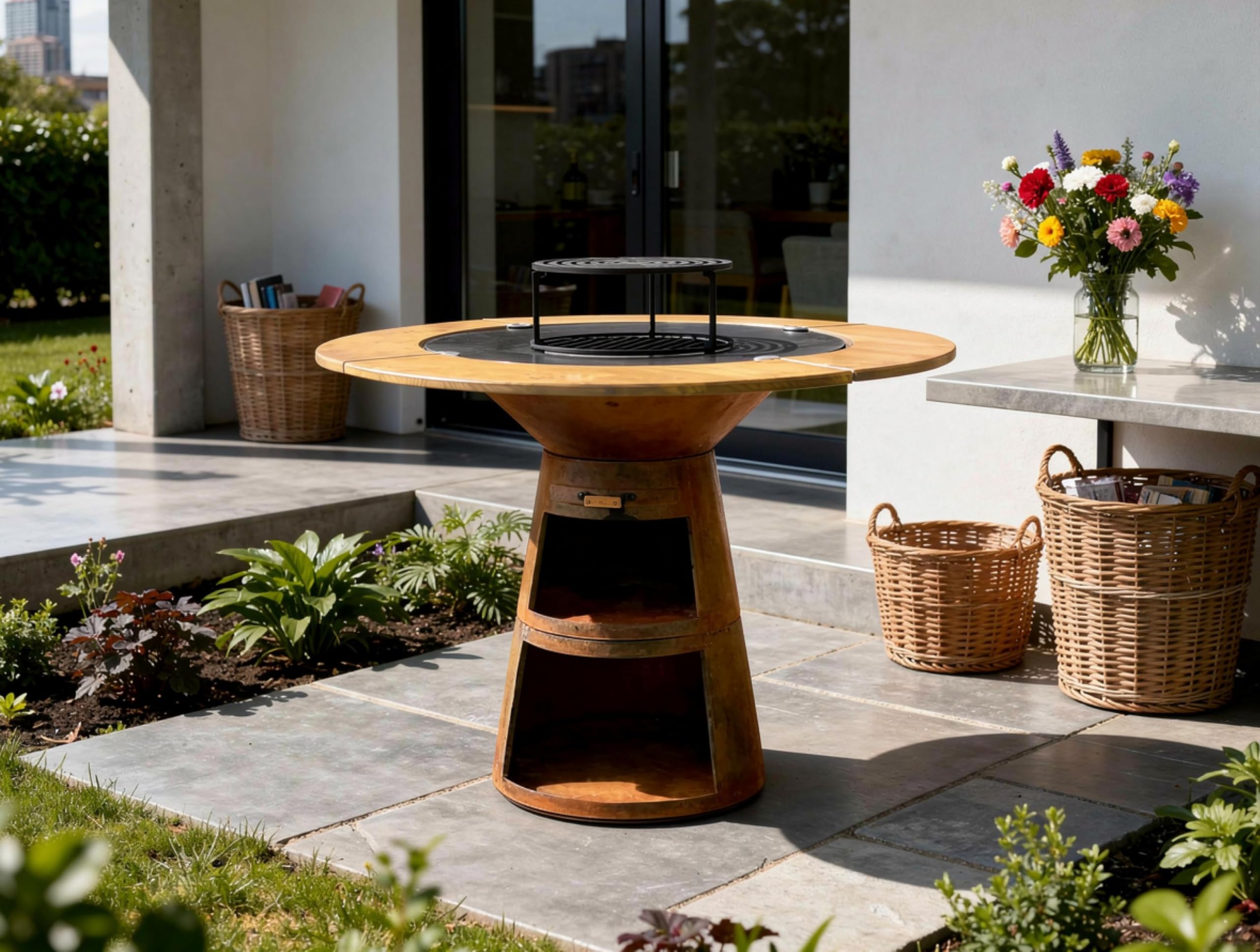 PURLINE | Barbecue rotondo con piastra in acciaio per giardino, terrazzo o patio esterno - Griglia circolare con bordo perimetrale in legno naturale e ampia superficie di cottura (EFP59CO WOOD)