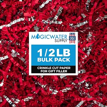 MagicWater Supply - 1/2 LB - Red & Silver - Crinkle Cut Paper Shred Filler great for Gift Wrapping, Basket Filling, Birthdays, Weddings, Anniversaries