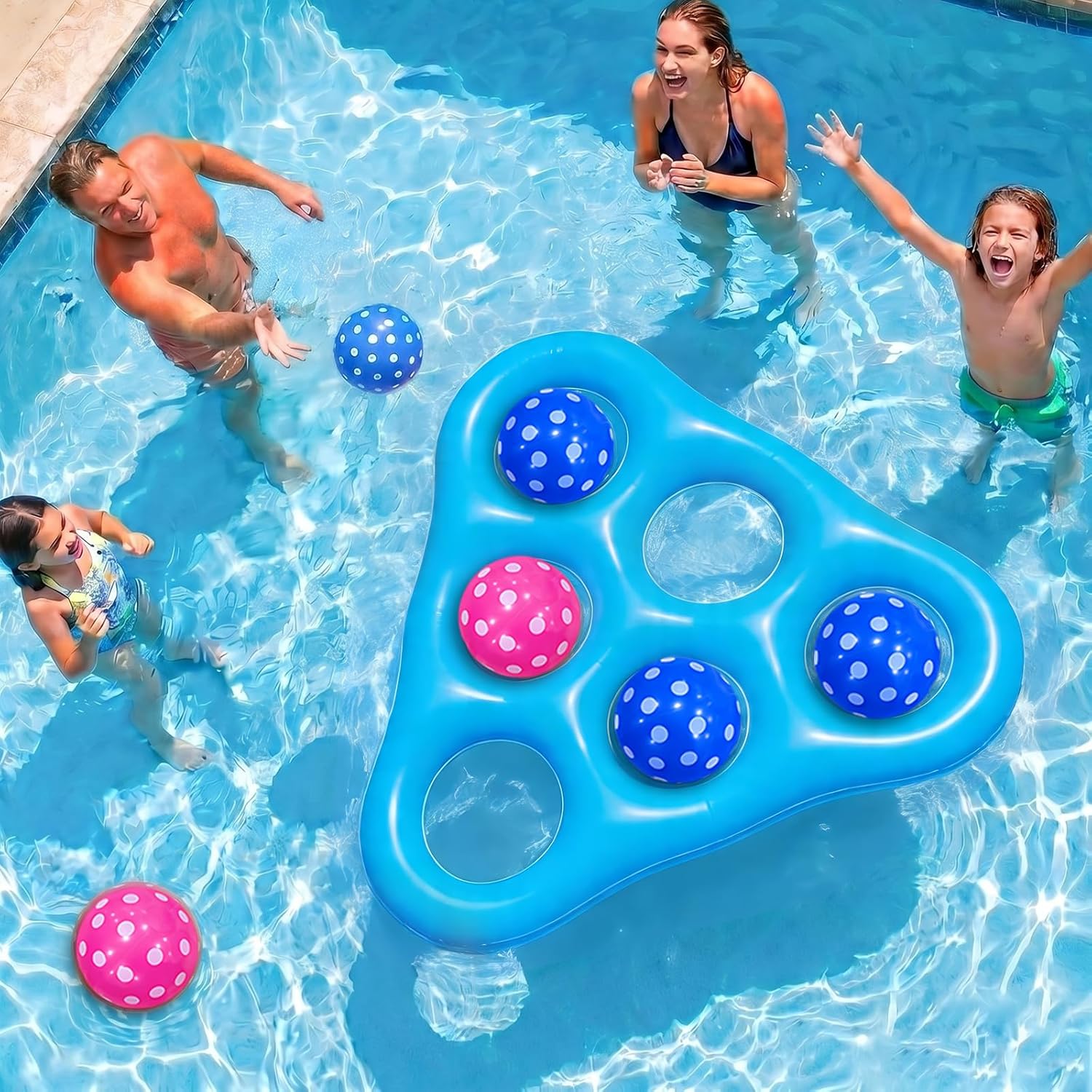 Pool Toys Games Set,Tic Tac Toe Pool Floating Games for Adults,Inflatable Pool Floats Adult with 6 Balls & Air Pump,Reversible Two-Tone Design,Portable Floaties for Water Party (Triangle – Blue)