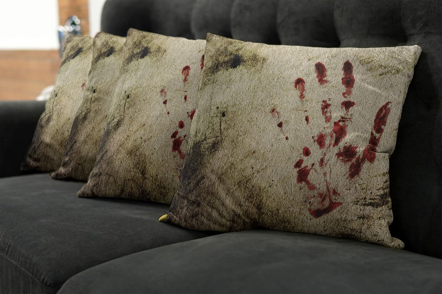 Ambesonne Horror House Decorative Throw Pillow Case Pack of 4, Grunge Design Wall Bloody Hand Print Murky Palm Trace Retro Spooky Movie Themed, Cushion Cover for Couch Living Room Car, 18", Beige Red