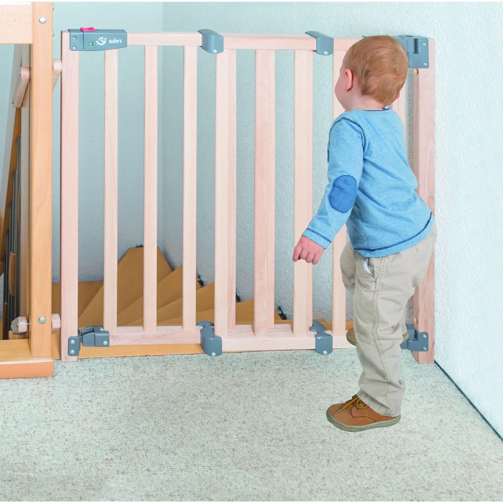 roba Cancelletto di Sicurezza per Scale "Safety Up", con Indicatore Visivo, Massello di Faggio, 93,5-120,5 cm, Legno Naturale