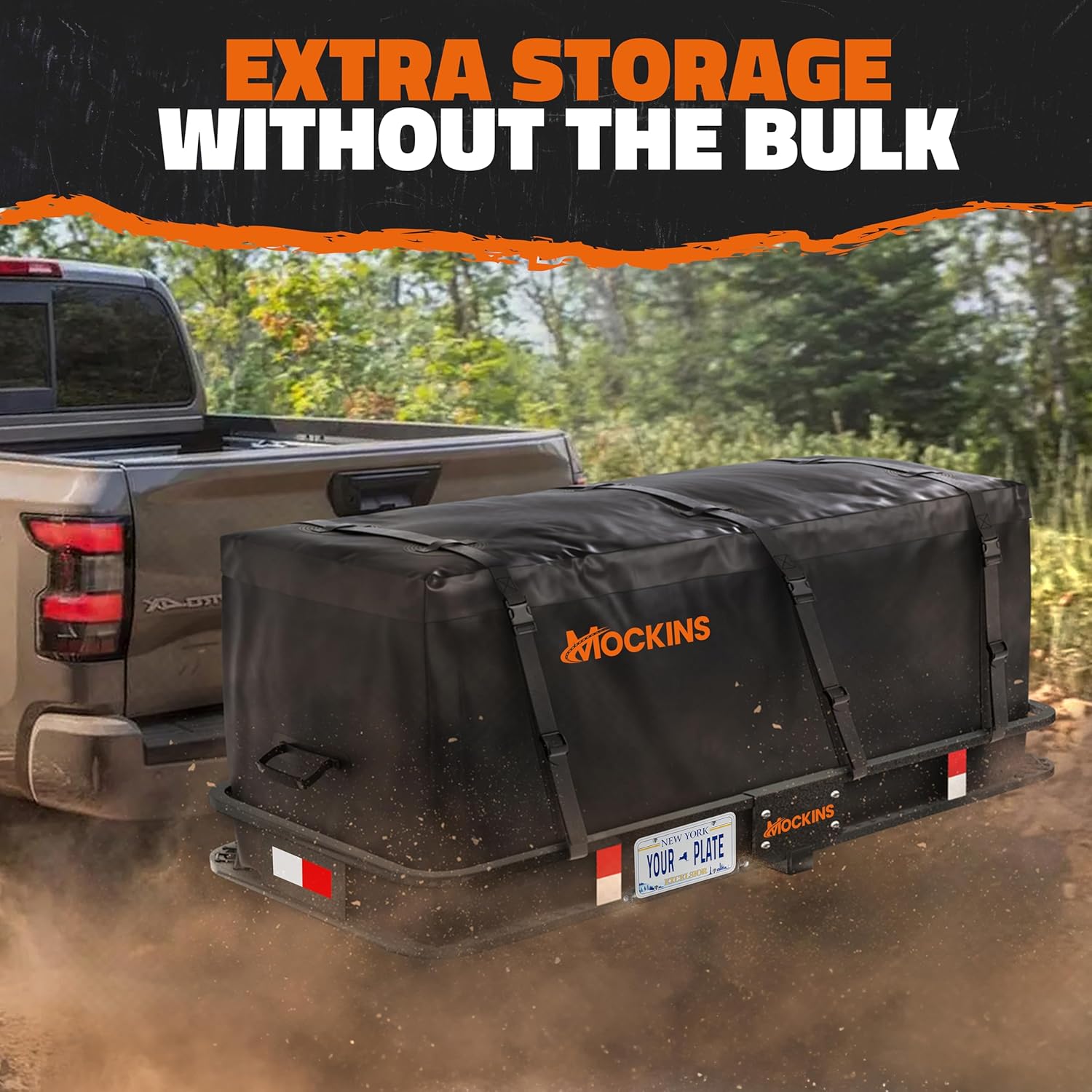 Mockins 16 CuFt Heavy Duty Trailer Hitch Cargo Carrier Bag | 58"x20"x24" Cargo Bag for Hitch Carrier | Waterproof Truck Bed Storage w/Straps & Lock | Weatherproof Vinyl Vehicle Soft-Shell Carriers