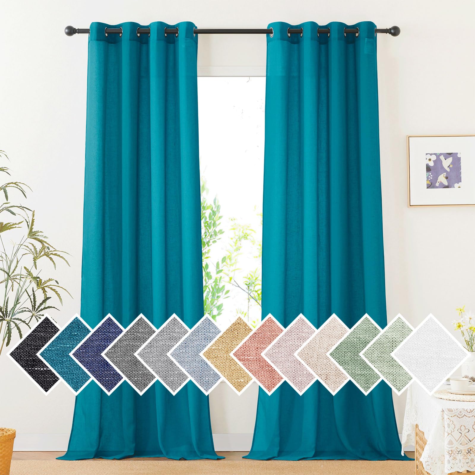 PONY DANCE Cortinas Translúcidas con Ojales Cortinas de Lino Linen Curtains for Living Room Cortinas Dormitorio Matrimonio 2 Piezas 140x245cm(AnchoxAlto), Turquesa
