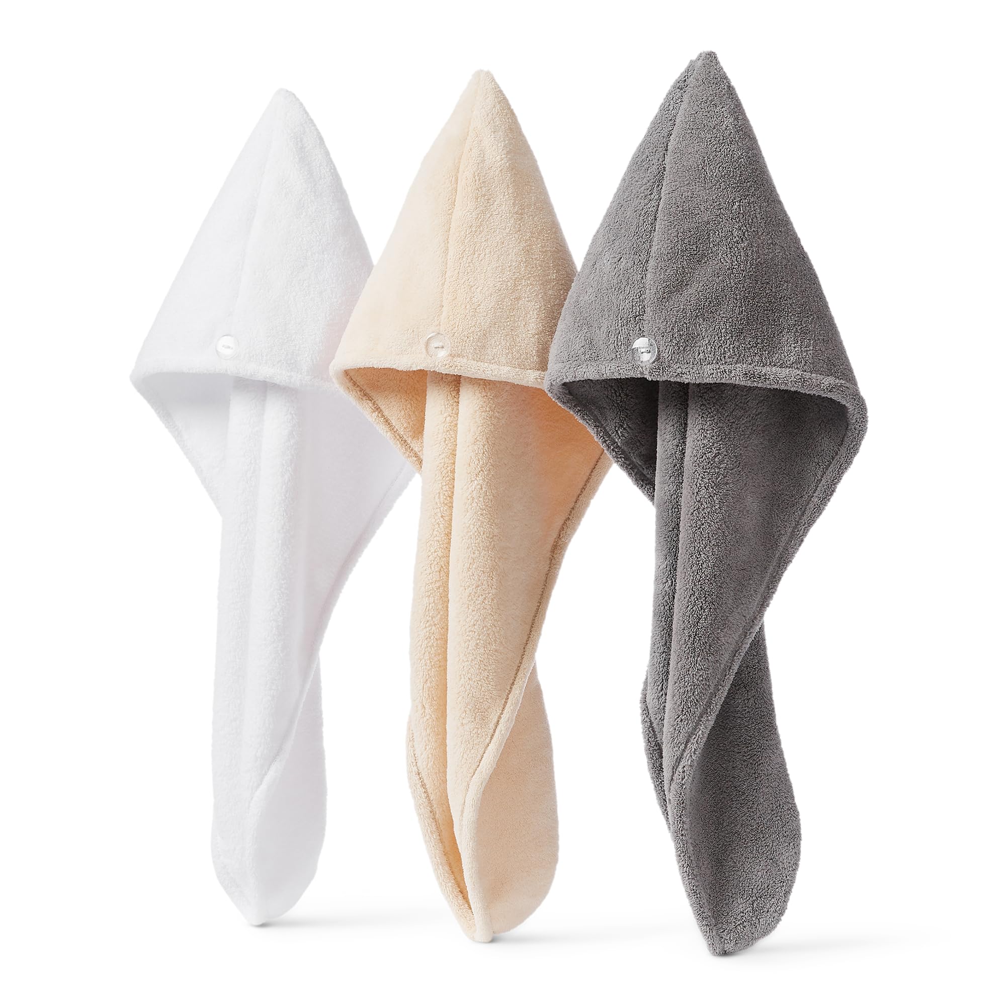 Amazon Basics Quick-Dry Microfibre Hair Towel Wrap, Hair-Drying Towel, White/Beige/Grey, 3-Pack