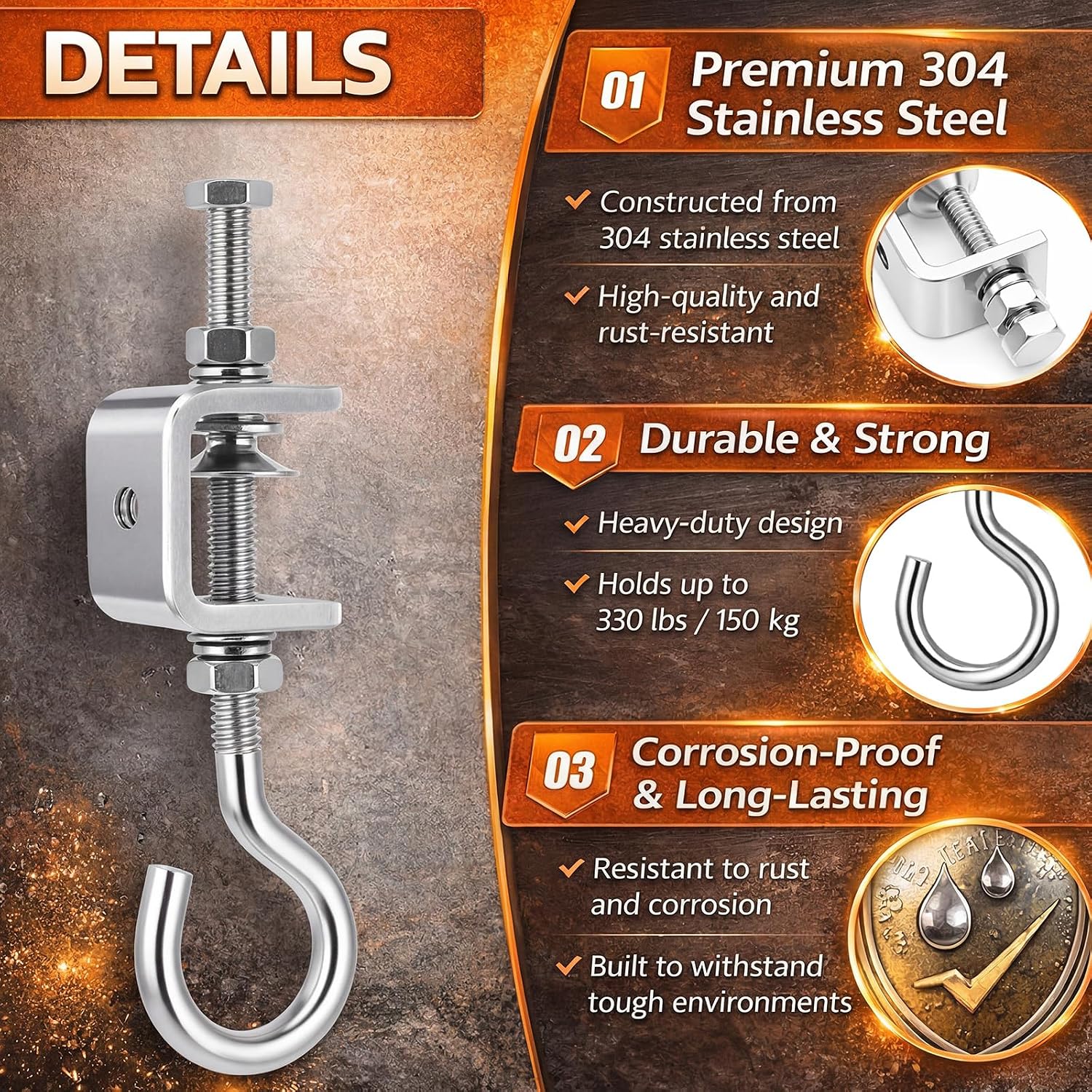 Moxweyeni 6 Pack C Clamp with J Hook, 1 Inch Heavy Duty Beam Clamp Hanger, 304 Stainless Steel Ceiling Hook Clamps for Garage, Workshop, Hanging Lights, Plants, 330 Lbs Capacity