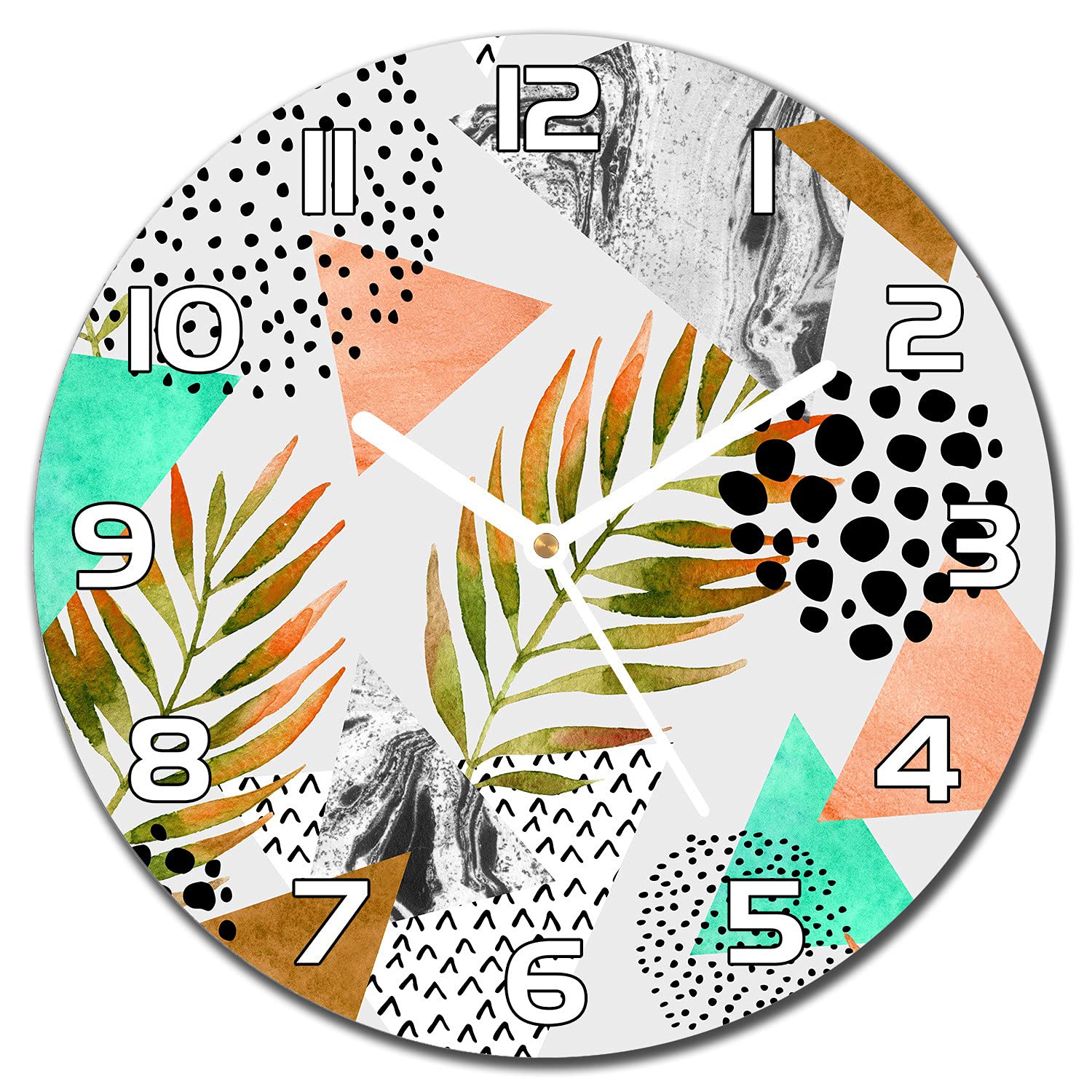 Horloge en verre 30 cm Moderne Cuisine Salon Verre Sécurité Aiguilles Blanches Feuille De Palmier