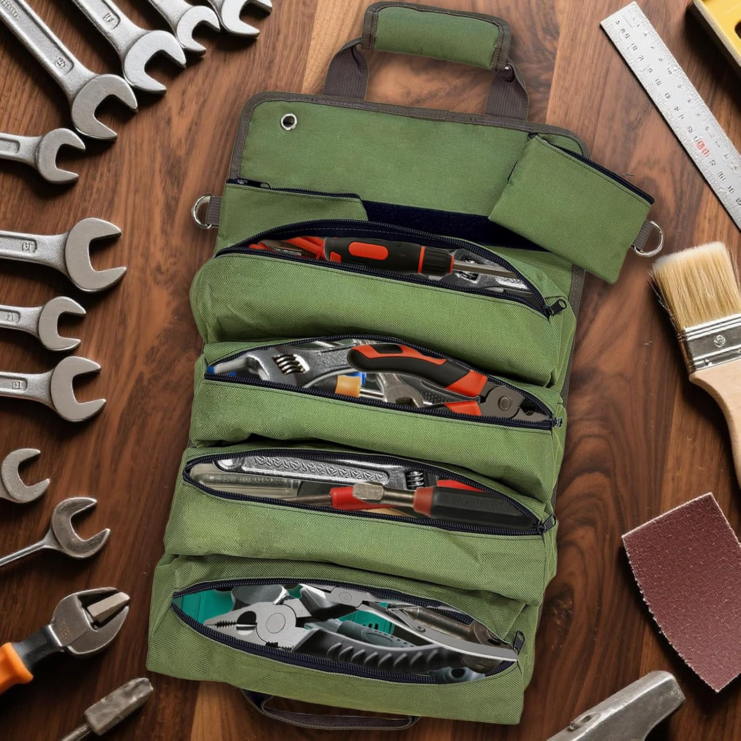 Roll Up Tool Bag Organizer, 11 Pockets Heavy Duty Storage Tool Bag Pouch Organization Portable Foldable Detachable Gifts for Men, Mechanic, Electrician, Craftsman, with 2 Small Pouches, Green (Green)