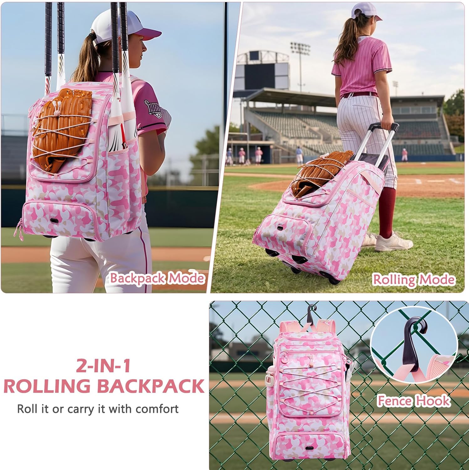 Rolling Baseball Bag with Wheels – 60L Youth Baseball Equipment Bag Holds 4 Bats, Wheeled Baseball Bag with Shoe Compartment & Fence Hook, Rolling Softball Bag for Boys & Girls 8-