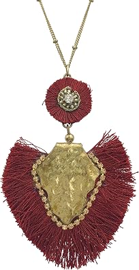 Gypsy Jewels Long Abstract Thread Fringe Tassel Unique Statement Gold Tone Chain Trendy Necklace Dark Red