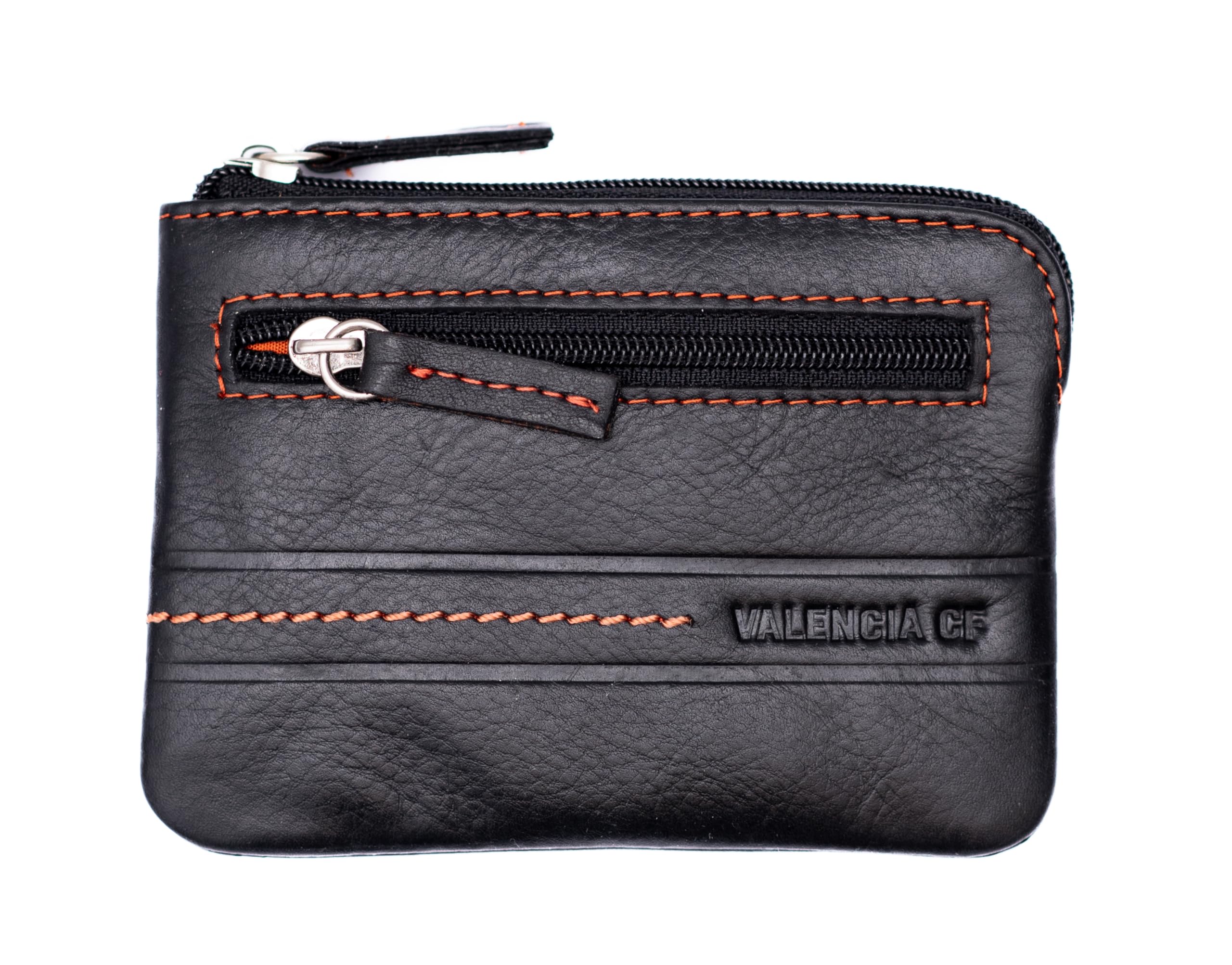 Valencia CF Monedero de Piel Genuina, Negro con Costuras Naranjas, Cartera con Cremallera. Producto Oficial