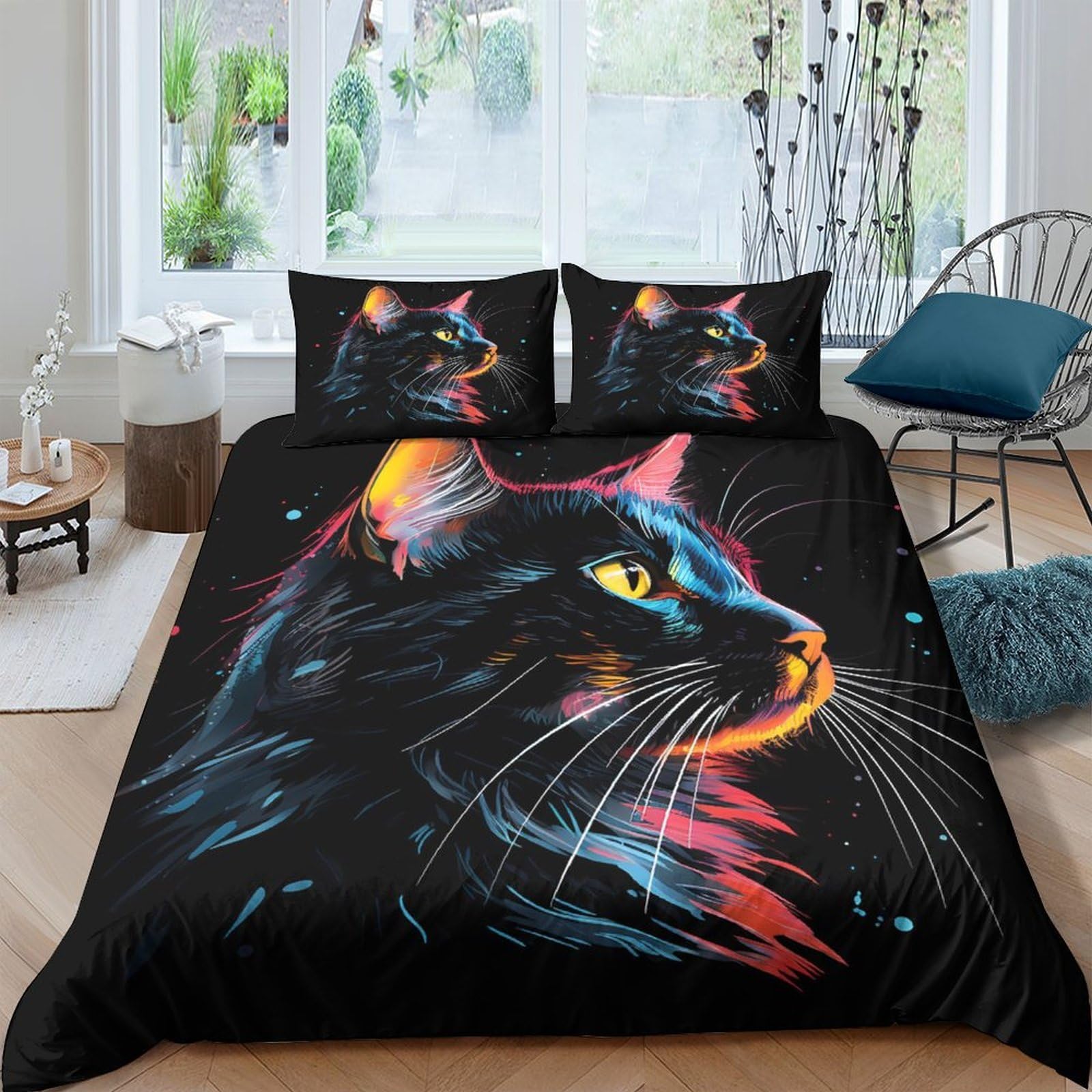 Ctjqhvkz Style-3 3D Printed Neon Black Cat Fitted Sheet Microfiber Soft Colorful Cat Face Mattress Cover For Bedroom Guest Room Single（135X200cm）