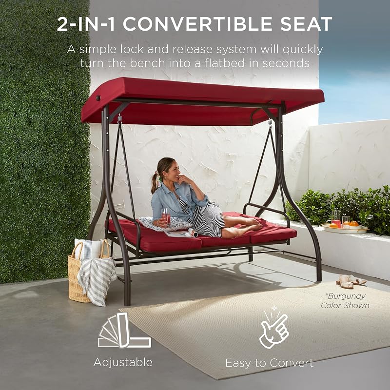 Best Choice Products 3-Seat Outdoor Large Converting Canopy Swing Glider, Patio Hammock Lounge Chair for Porch, Backyard w/Flatbed, Adjustable Shade, Removable Cushions - Midnight Green image 2
