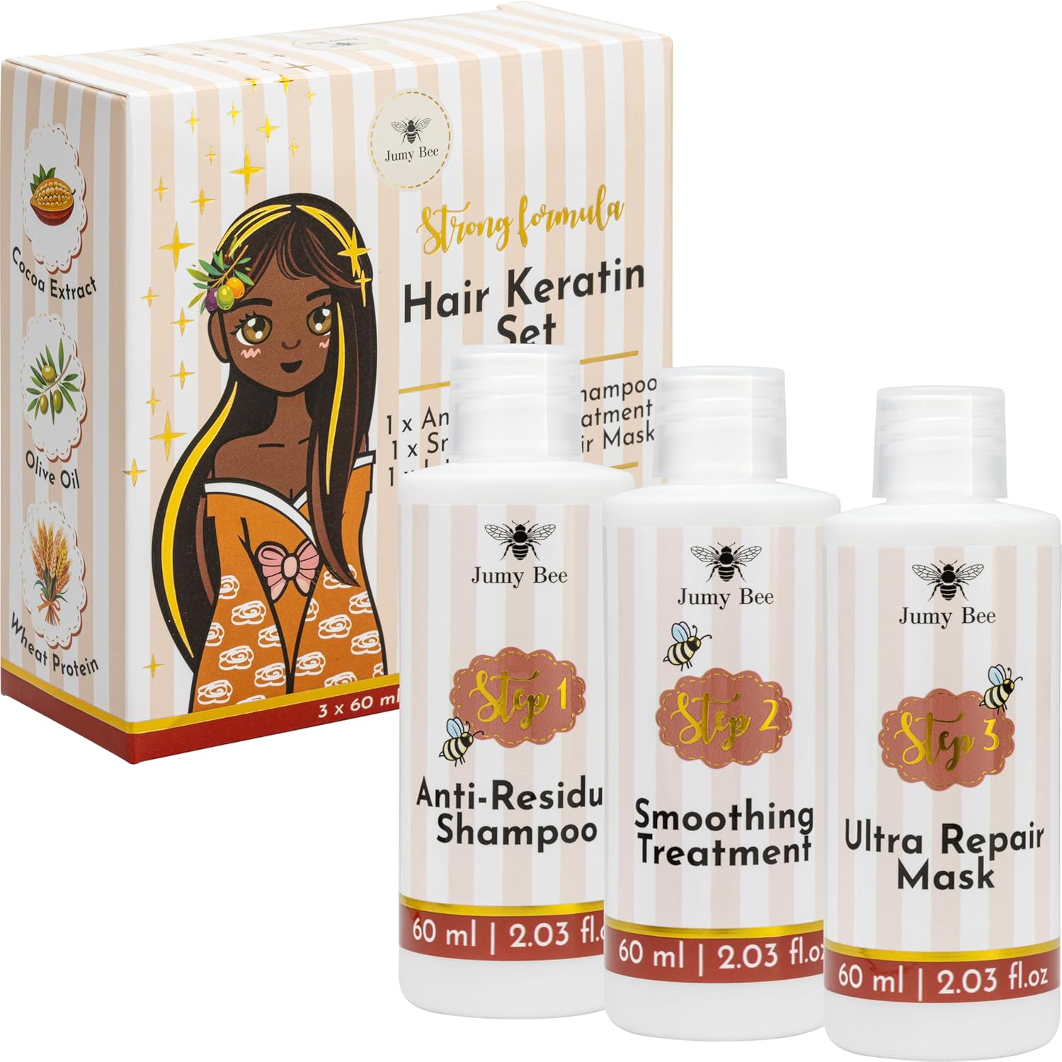 Jumy Bee Keratin Hair Treatment Set – Tanino Smoothing System & Japanese Keratin Hair Mask with Shampoo and Conditioner – Frizz Control & Hydration