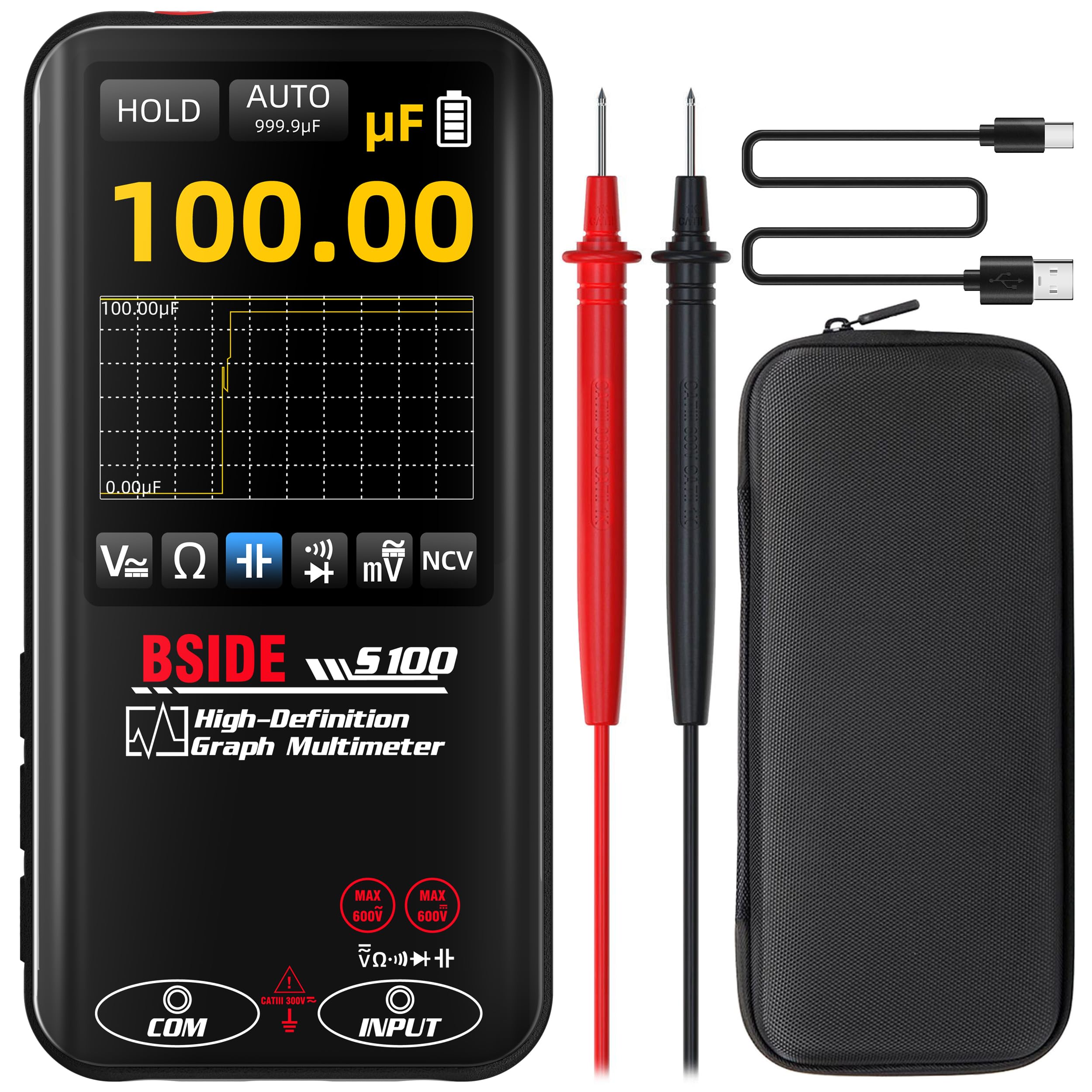 BSIDE S100 Digitales Multimeter 10000 Zählungen TRMS mit Grafikdisplay Taschenmultimeter Wiederaufladbar für Spannung Millivolt Widerstand Durchgang Kapazität Diode NCV Messung