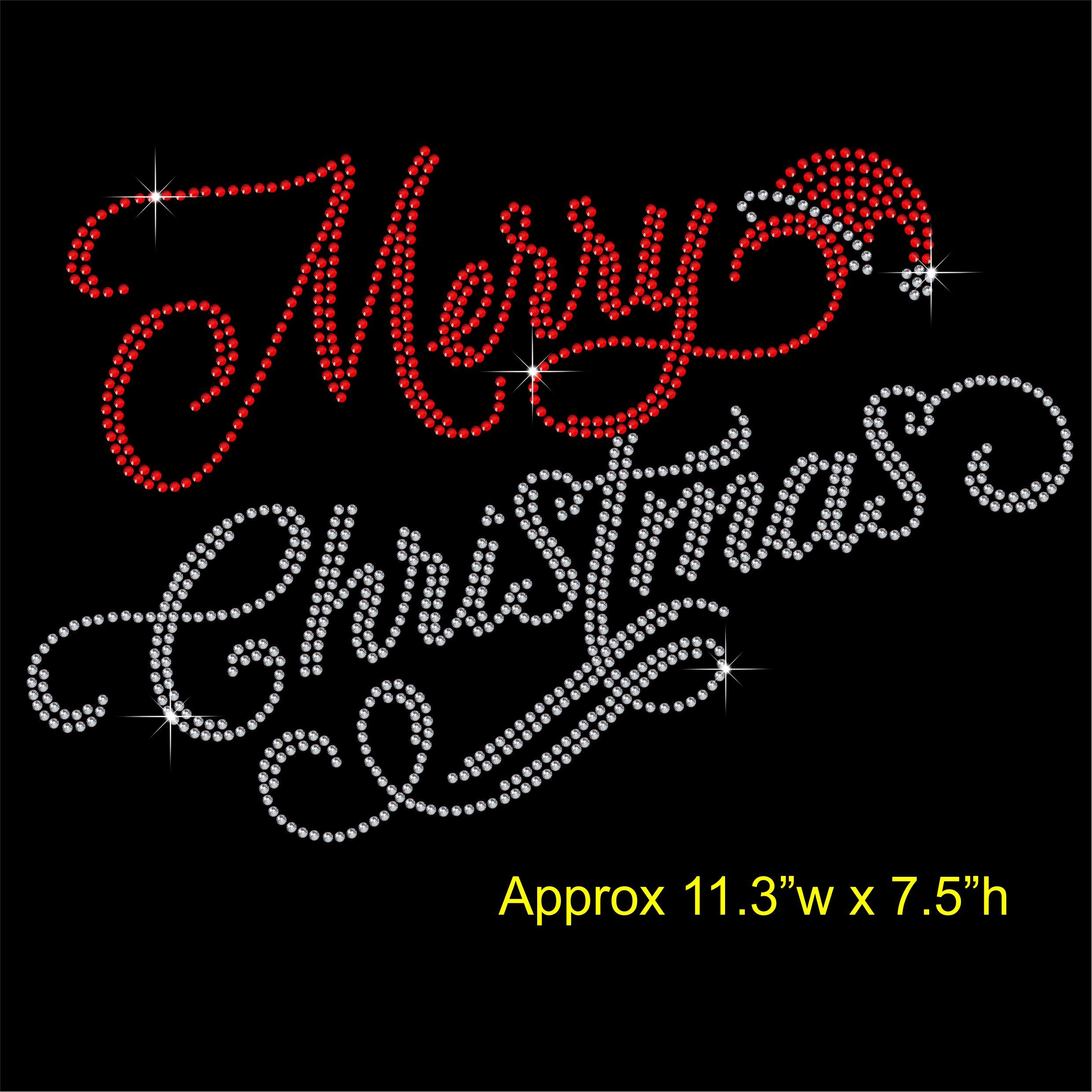 TShirt Showroom Merry Christmas 11 inch x 7 inch Hotfix Rhinestone Diamante Iron on Transfer Motif Applique