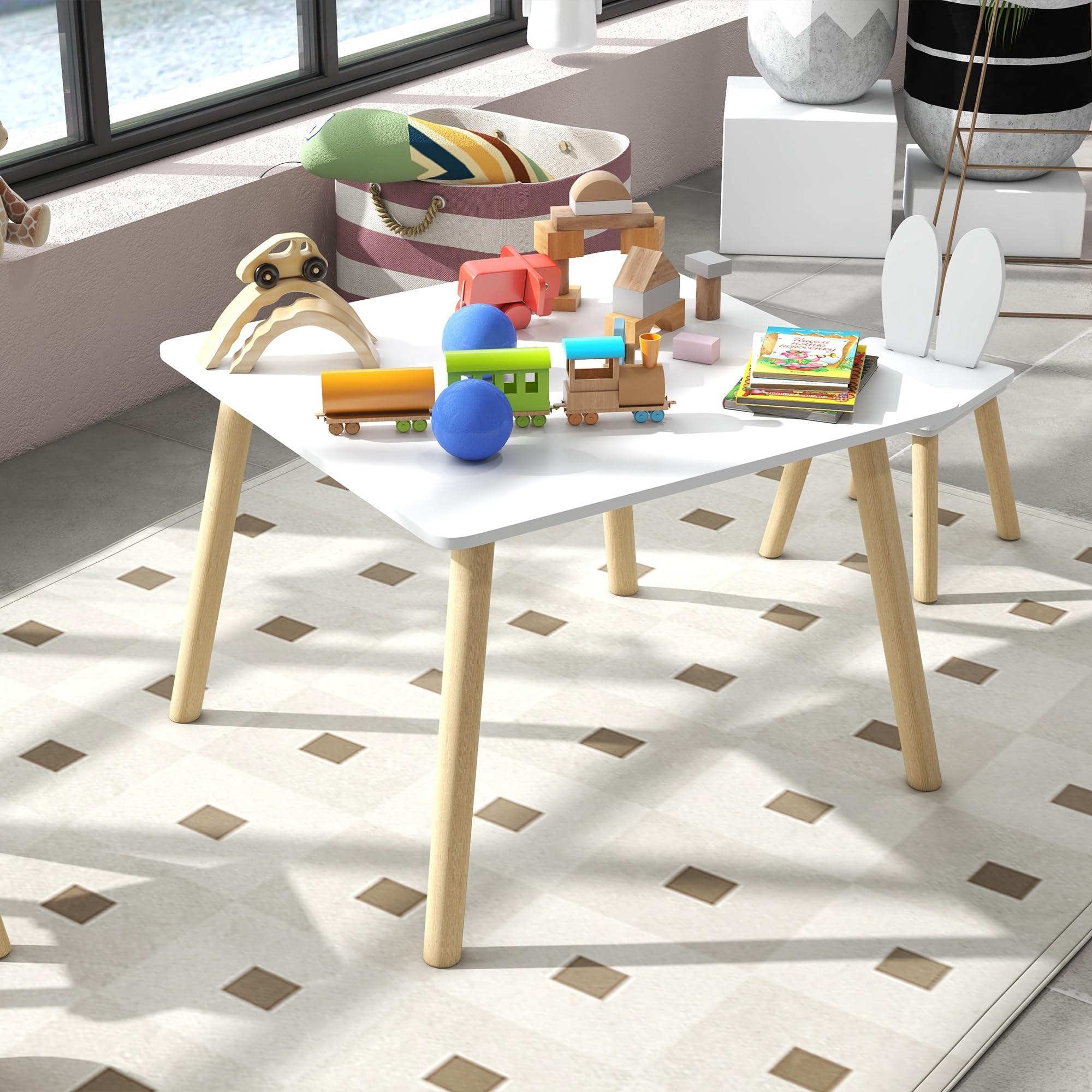 AIYAPLAY Ensemble Table et 2 chaises Enfant Table pour Enfant avec 2 chaises Design scandinave Motif Oreille de Lapin Bois pin Blanc