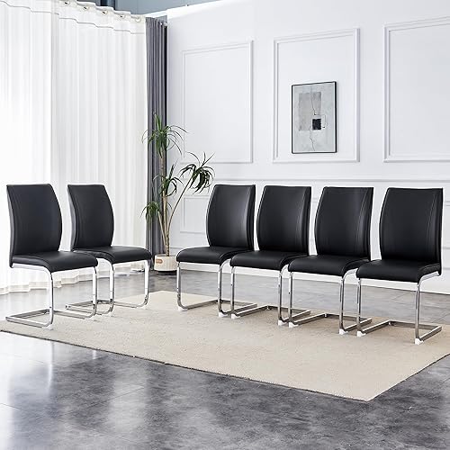 Miniatura 10 de Juego de 6 sillas de comedor modernas, tapizadas de piel sintética con respaldo alto, patas de metal, cómodos asientos para mesa de comedor para 6