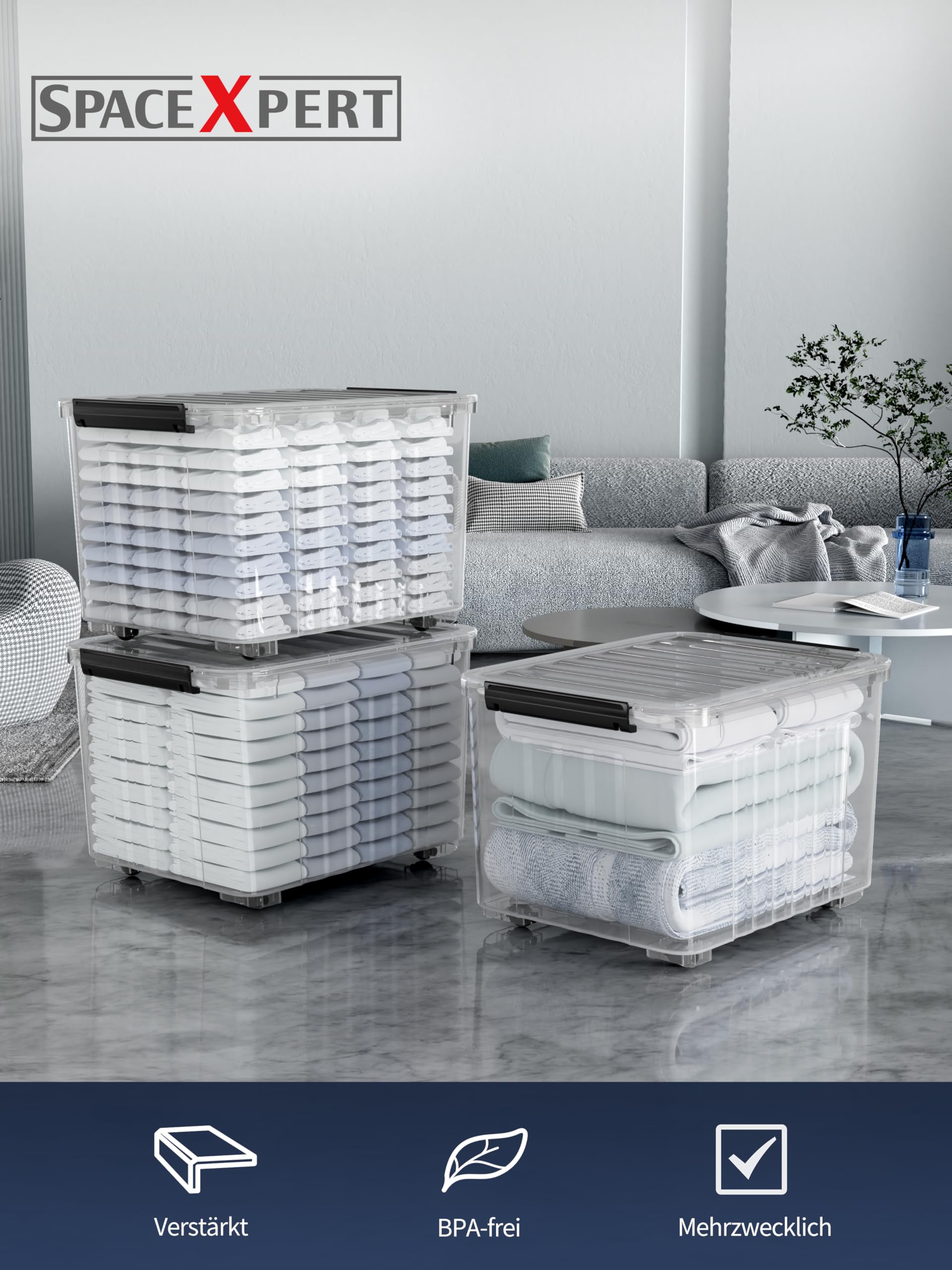 Scatole Portaoggetti, Casse di stoccaggio 80L, Contenitori in Plastica con Coperchio e Ruote, a Righe, Trasparente, Impilabile, Antipolvere, per Casa, Ufficio e Garage, 80L, Set di 6