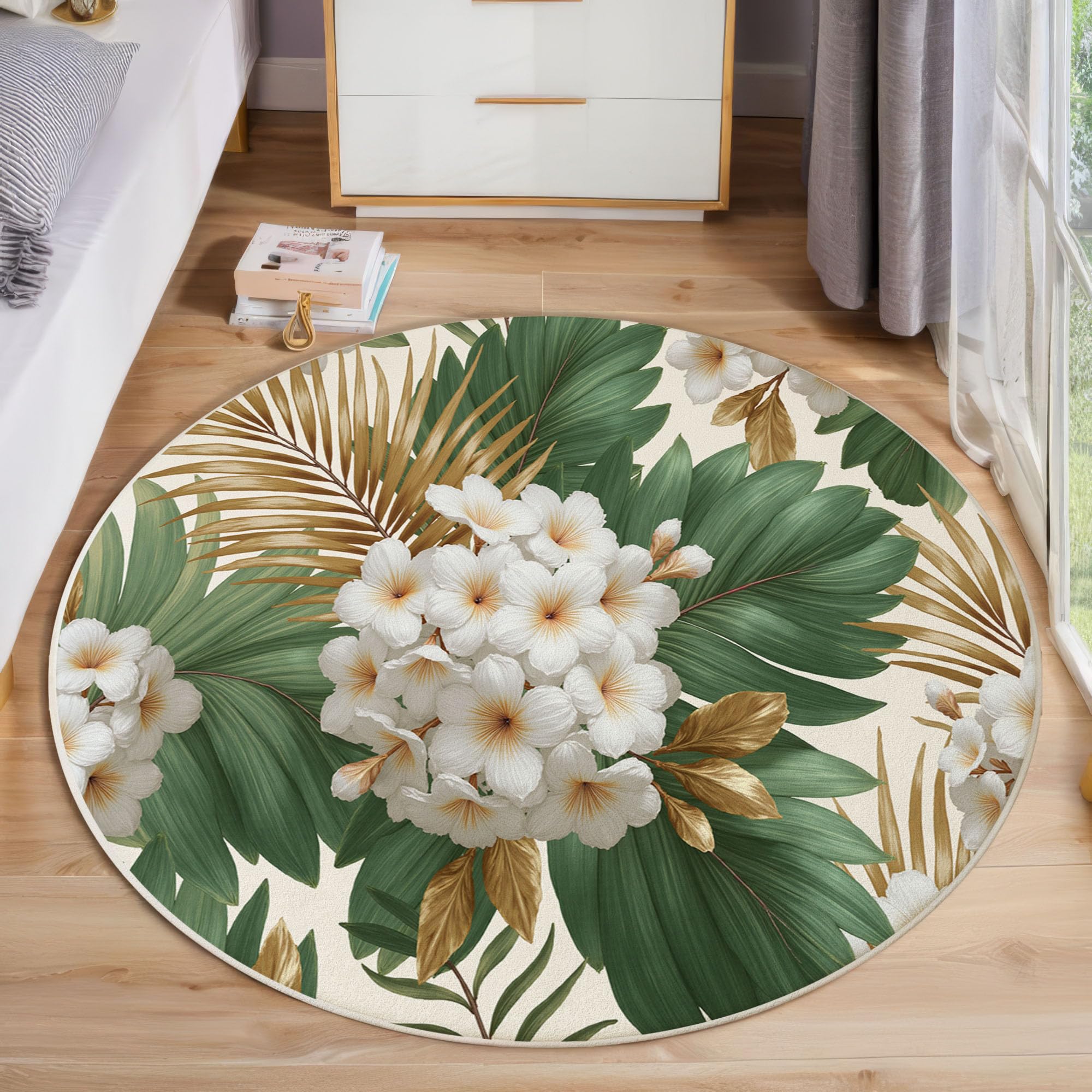 Tapis rond fleurs tropicales beige et vert 180 cm pour salon