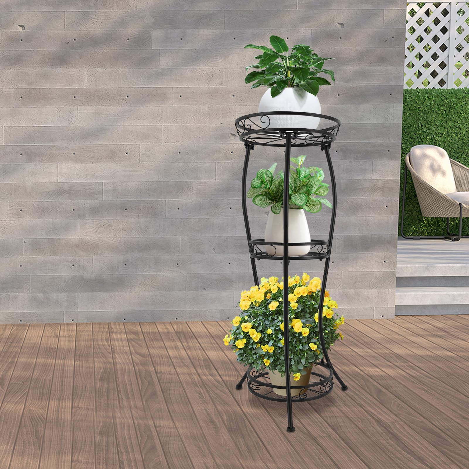 Supporto per piante in metallo con 3 livelli, 84 cm, per interni ed esterni, per terrazza, giardino, balcone, colore nero
