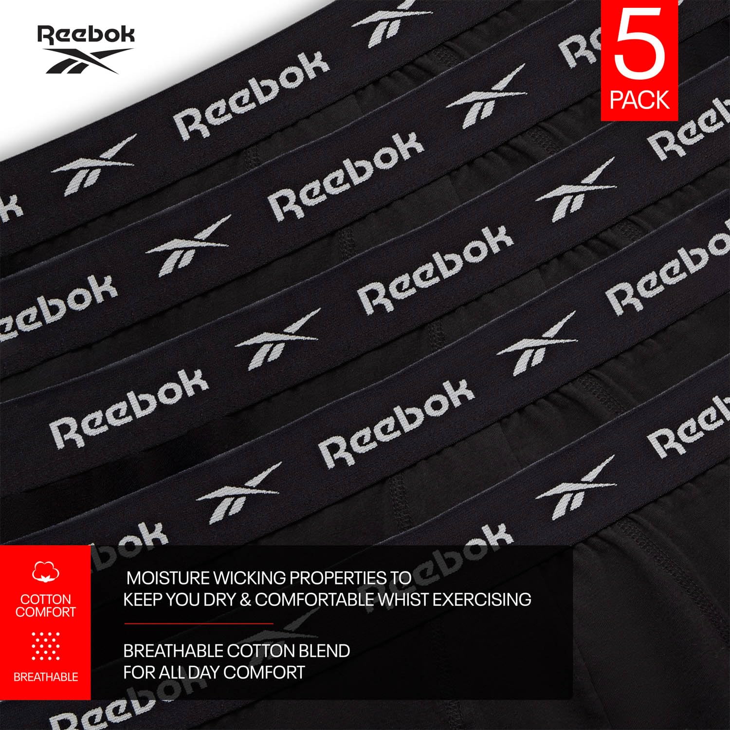 Reebok Bokserki chłopięce dla mężczyzn, 5 sztuk, męskie bokserki sportowe, oddychająca i rozciągliwa bawełniana bielizna dla mężczyzn, wielopak