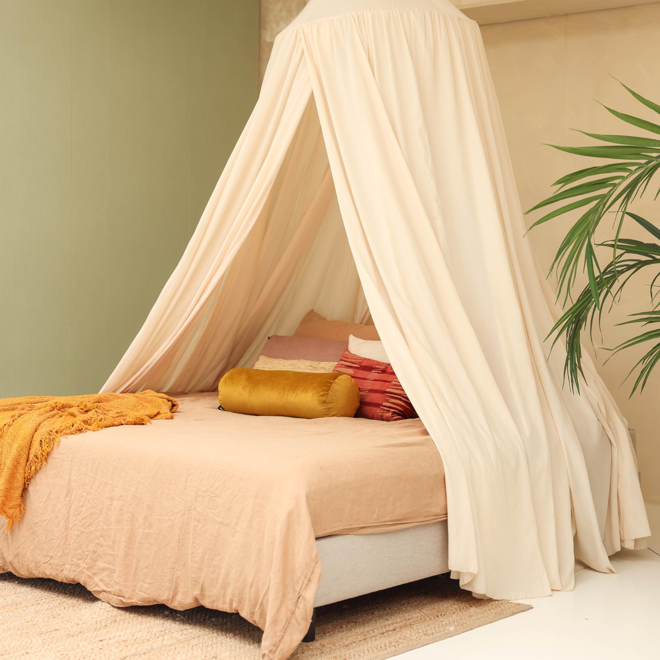 Cremebeiger Betthimmel für Doppelbett | Runder Moskitonetz Größen | Baldachin Bett für Teenagern & Erwachsenen | Himmelbett für Schlafzimmer