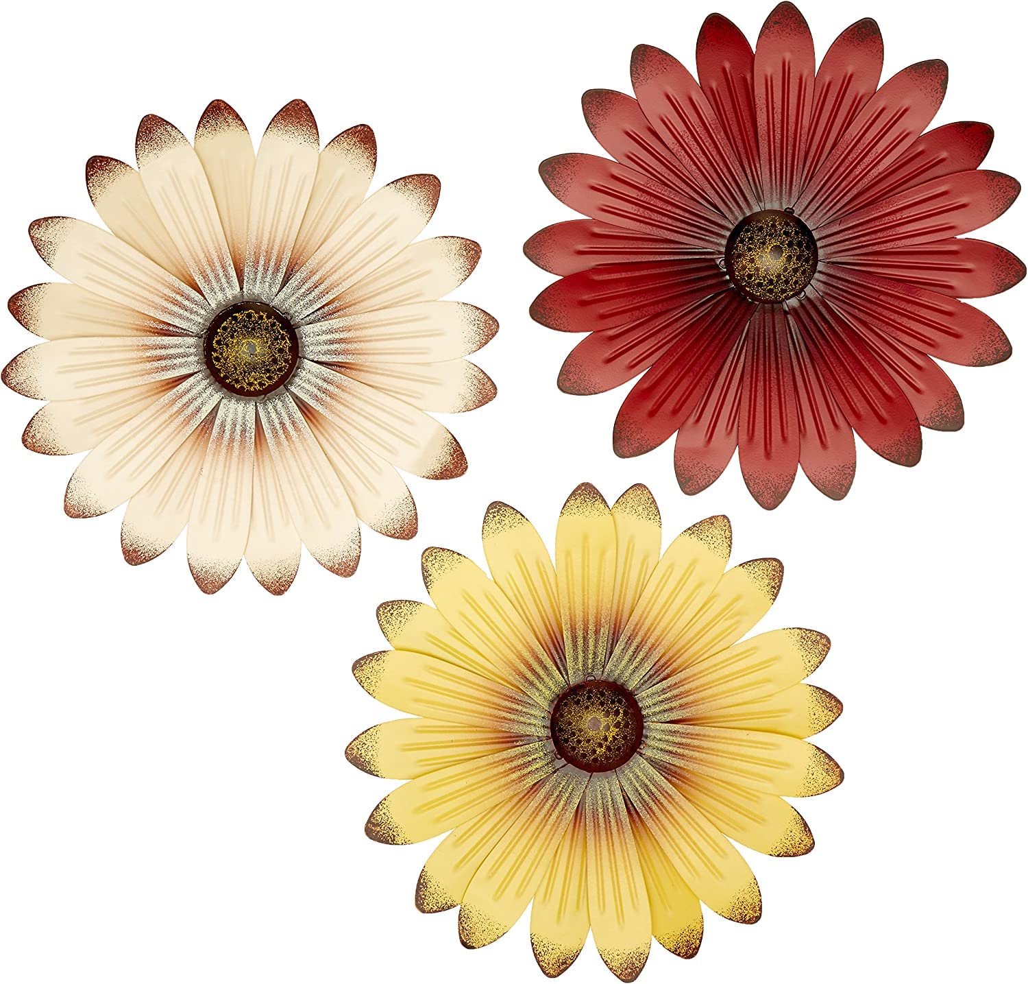Amazon.com: Set of 3 Cream Red Yellow Metal Flower Wall Art Garden