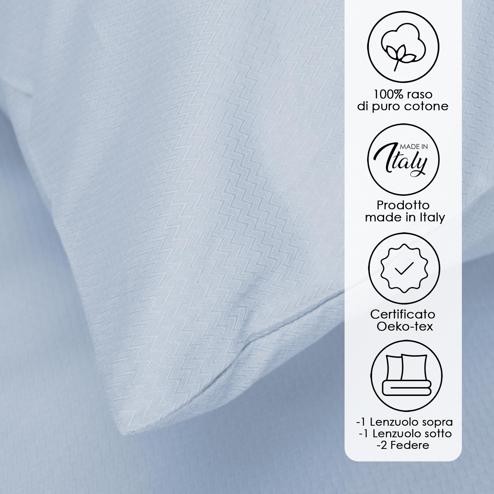 Ruggeri - Double Bed Sheet Set - Made in Italy - 100% Pure Cotton Satin - Candies Collection (Light Blue Zigzag) - Image 2