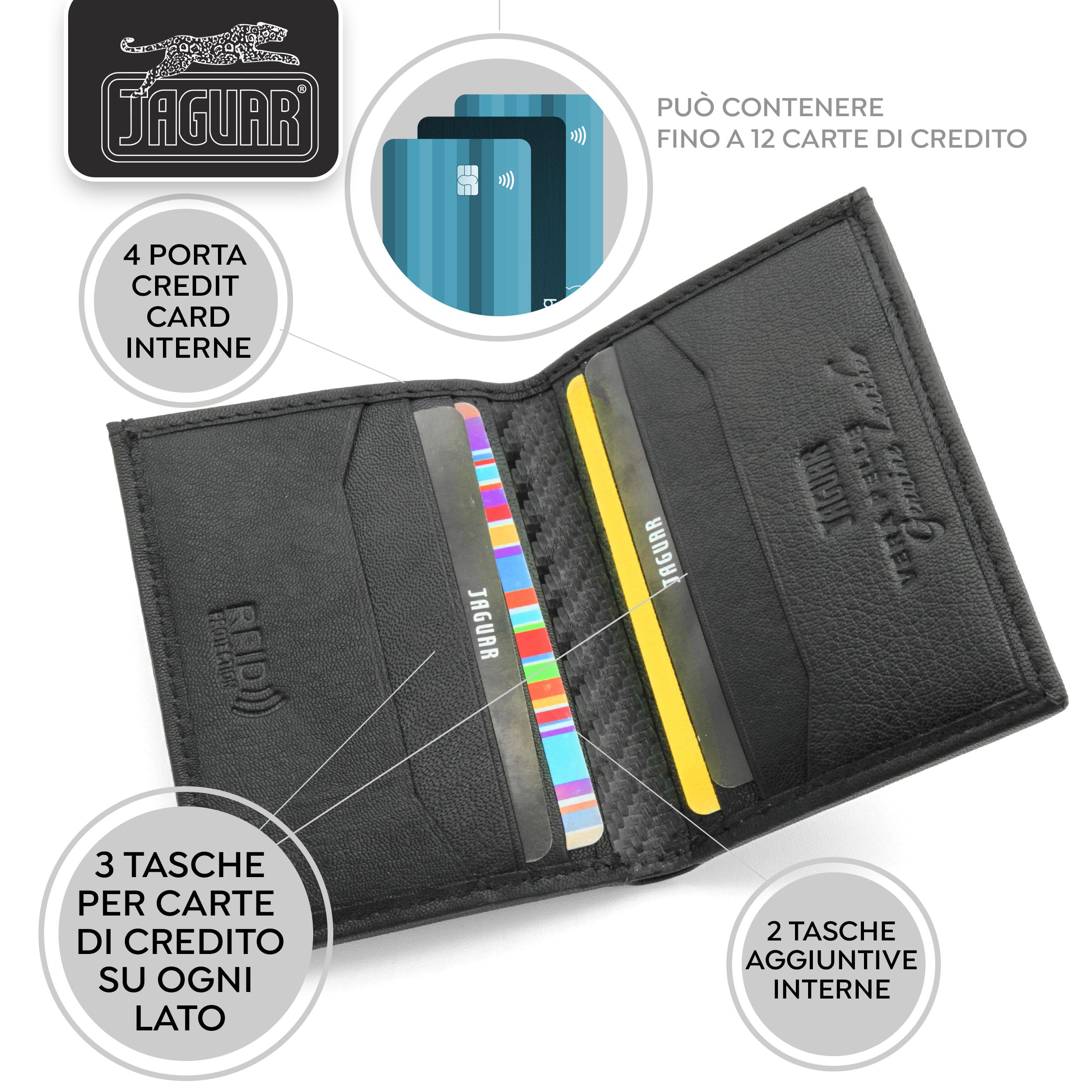 JAGUAR Porta Carte di Credito Uomo in Pelle con Protezione RFID e Logo Distintivo, Portacarte Uomo Portadocumenti Leggero e Comodo, Idea Regalo per Compleanno, Occasioni Speciali (Nero)