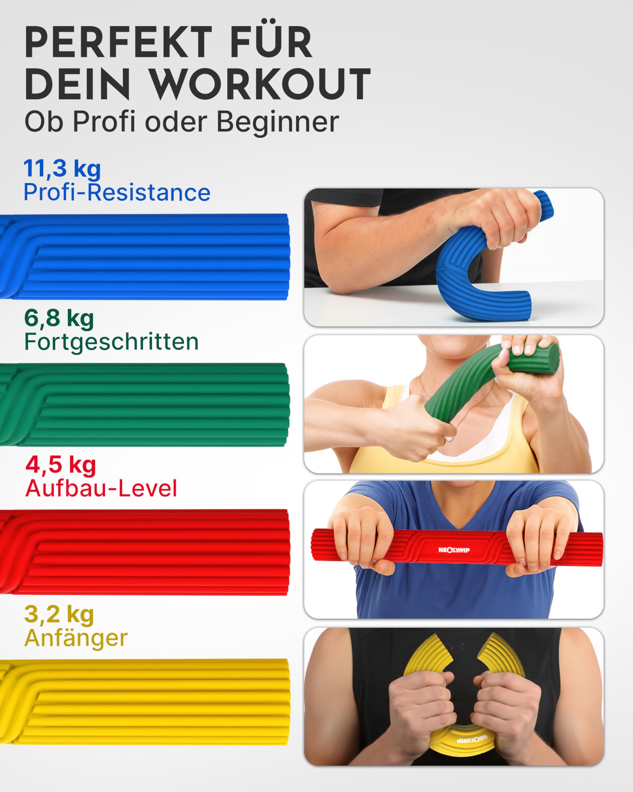NEOLYMP Handtrainer Unterarmtrainer – Griffkraft & Rehabilitation – Therapy Bar aus Silikon, rutschfest & langlebig – Hand Trainingsgerät inkl. Tragetasche, Übungsheft & E-Book – Grip Strength Trainer