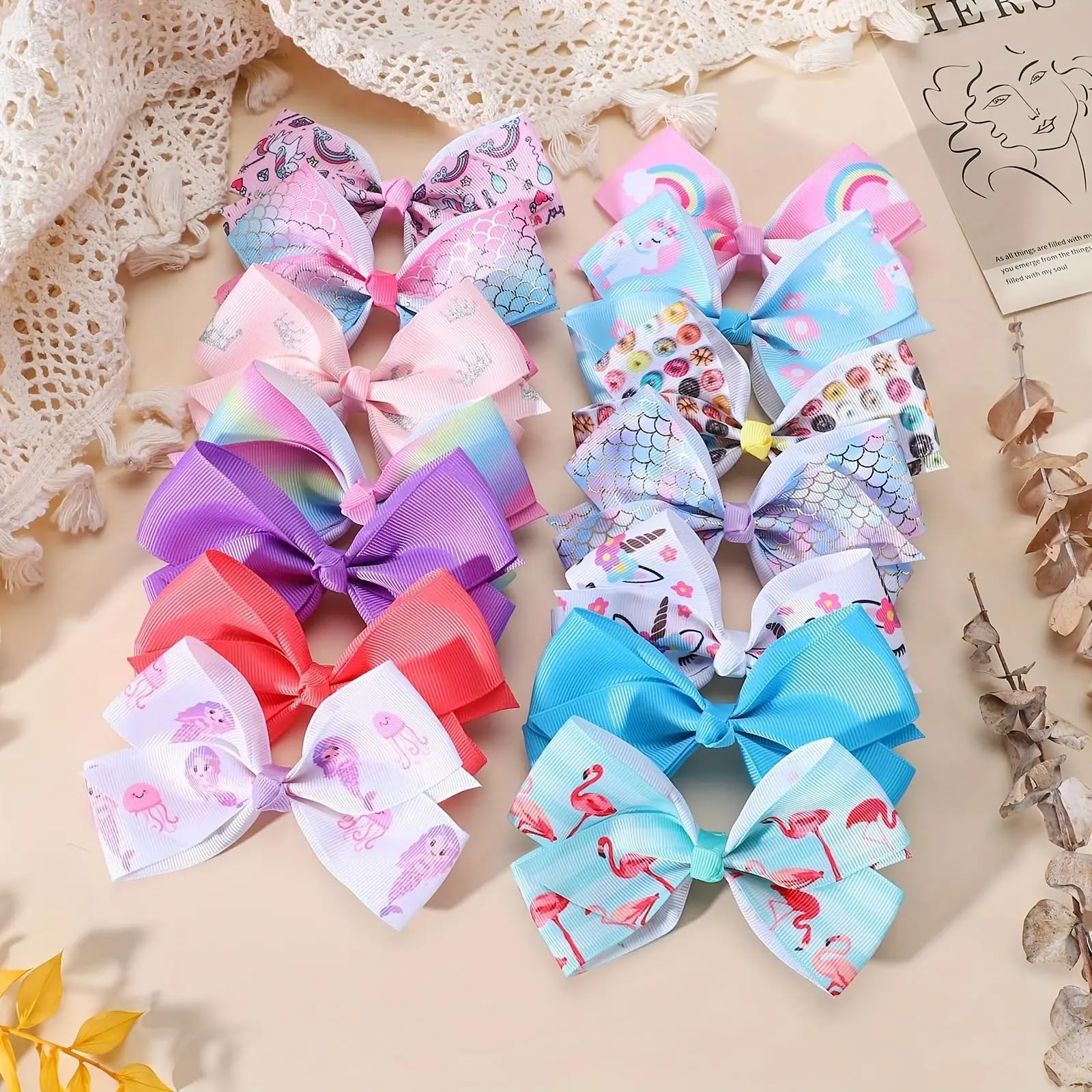 20 lazos para el pelo de 5 pulgadas para niñas, pinzas de cocodrilo, cinta de grogrén, corazón, arco iris, moños grandes, accesorios para niñas pequeñas, niños y adolescentes