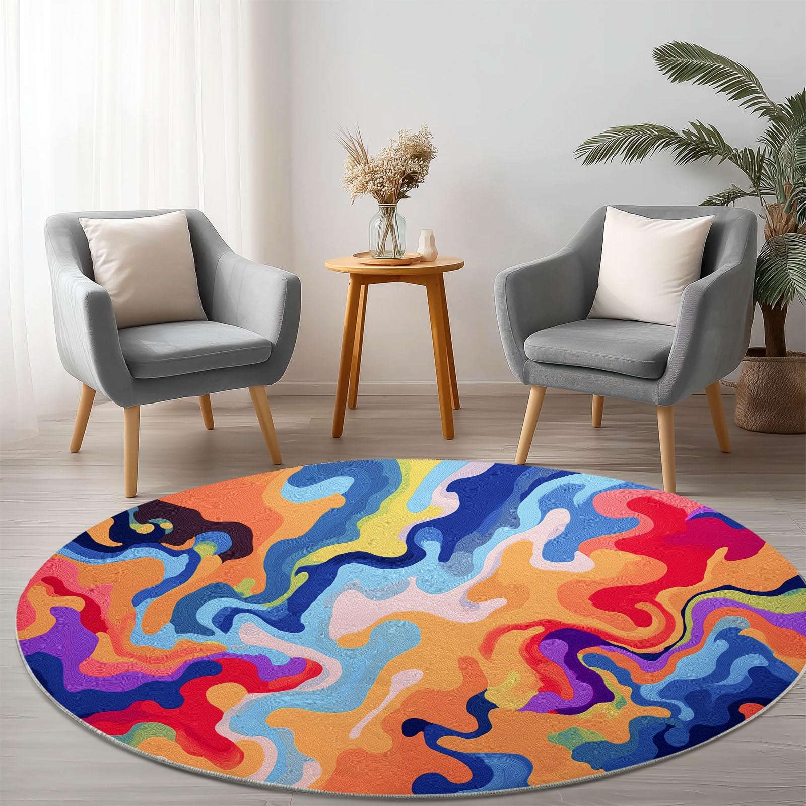 Mehrfarbig Teppich Rund Kurzflor 180 cm, Waschbare rutschfest Weich Abstrakt Bunter Spiralwirbel Linien Runder Teppiche Kinderteppich Wohnzimmer Bettvorleger Schlafzimmer