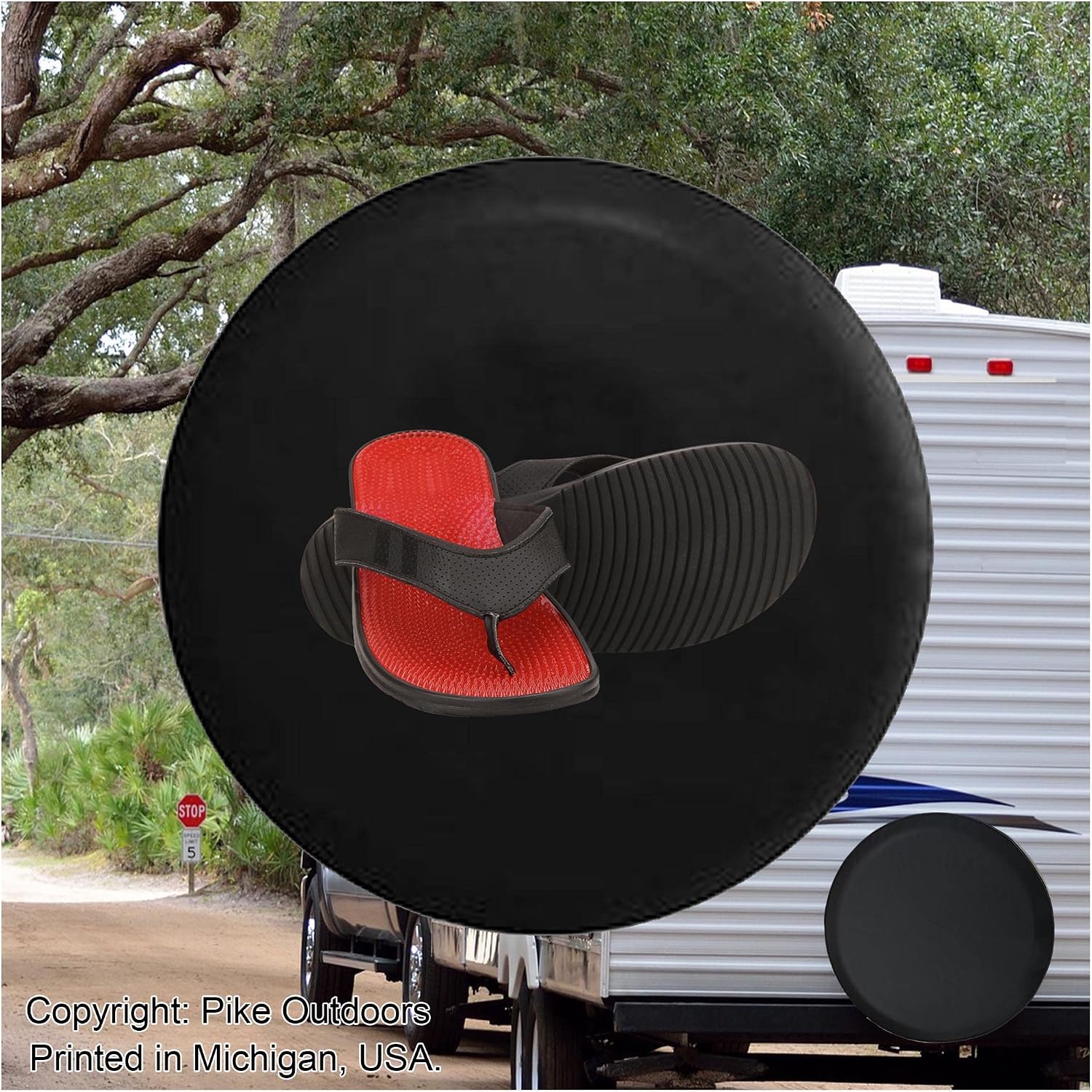RV Spare Tire Cover - Tire Accessories for Campers, SUVs, Trailers, Trucks, RVs and More | with Black Red Flip Flop Sandals in The Beach Black 26 Inch