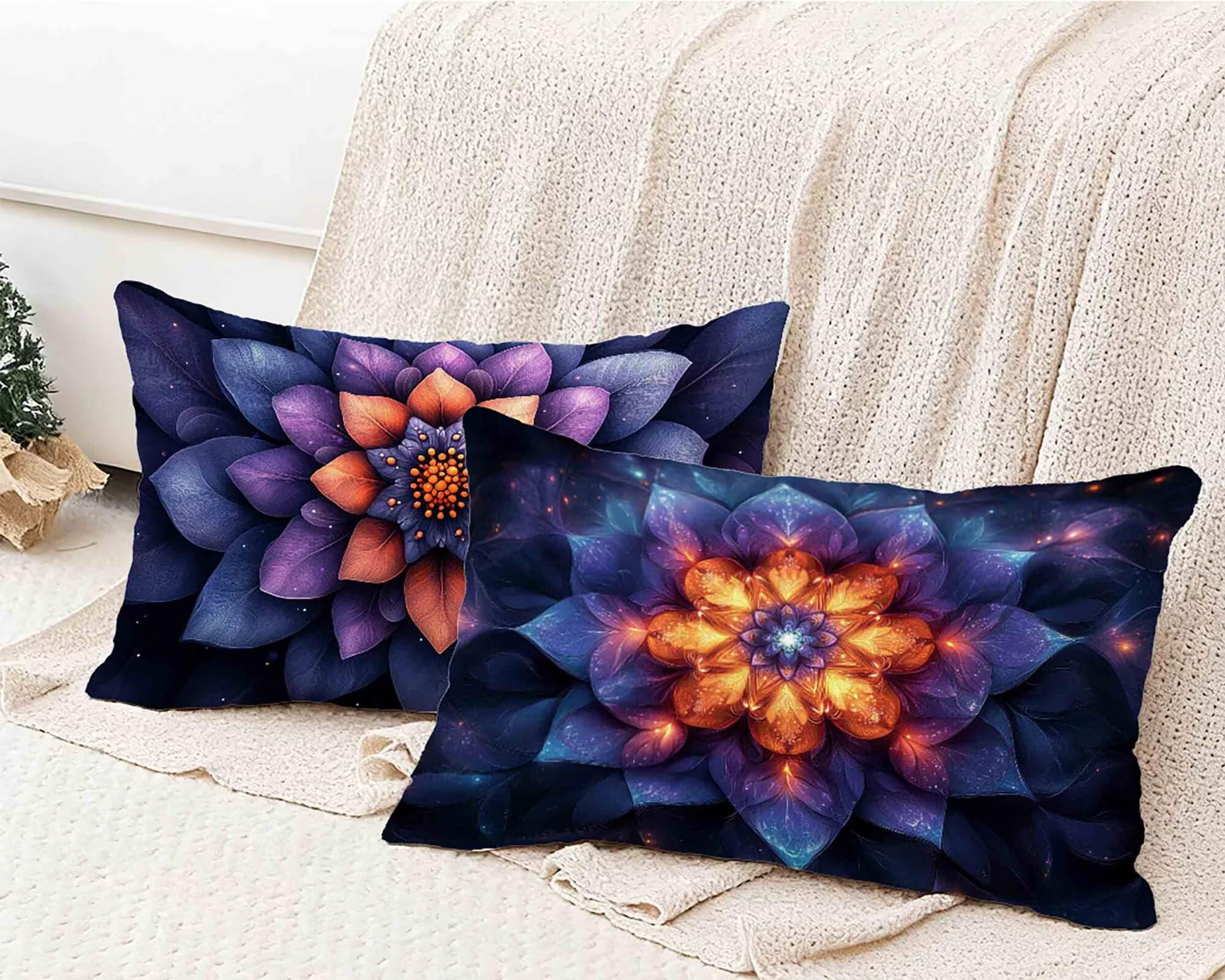 Kissenbezug 50x70 cm 2er Set, Kissenbezug Lila Kopfkissen Blume Muster Design Kopfkissenbezug Wasserdicht Leinen Pillow Case Herbstdeko mit Verstecktem Reißverschluss für Deko Wohnzimmer -lsy25012J0