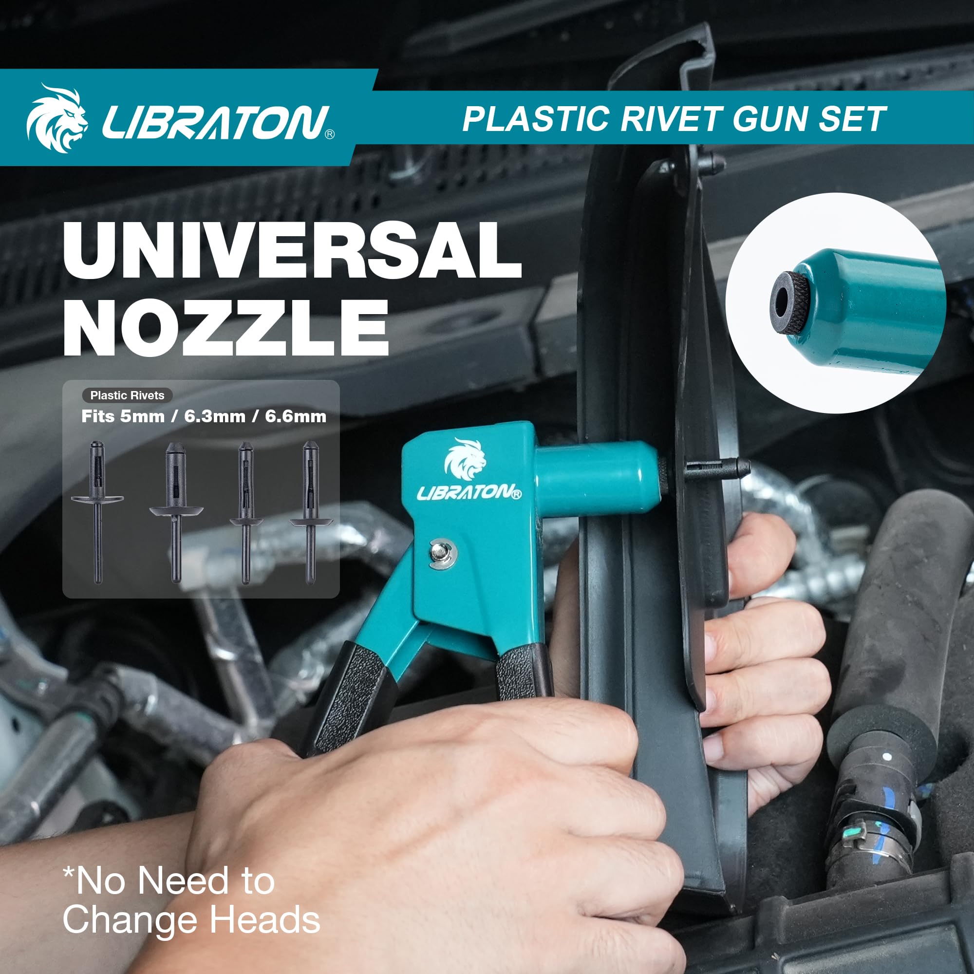 LIBRATON Kit de Pistolet à Rivets Plastique 90° avec 40 Rivets Nylon (4 Tailles), Outil de Retrait, Embout Universel pour Automobile, Ergonomique et 50% Moins d'Effort