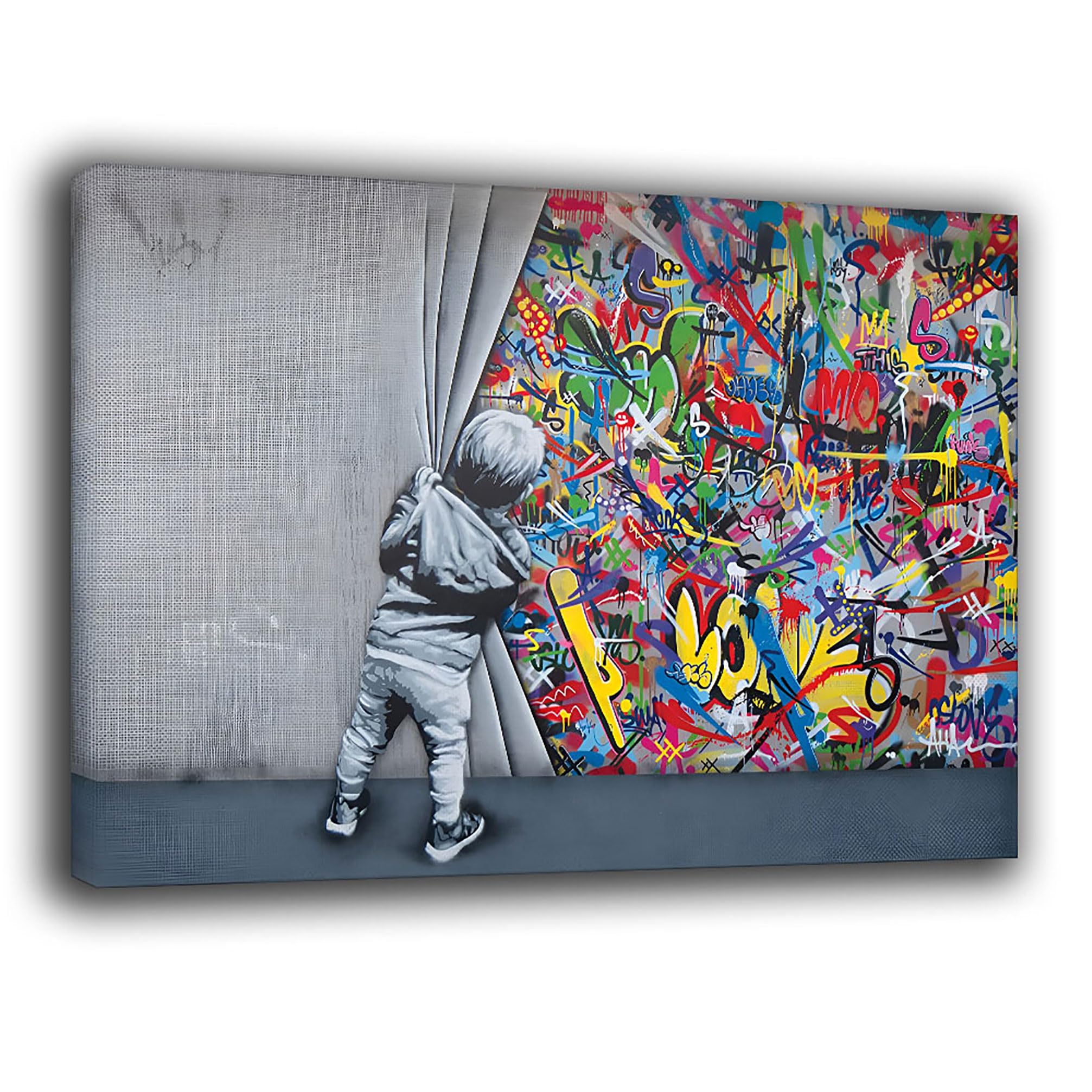 Printerland Quadri Moderni Soggiorno Bambino apre sipario Banksy stile Quadro moderno da Parete XXL grande Stampa su tela Canvas Decorazione Murale muro Arredo Camera da letto Cucina (30x40 cm, 1)