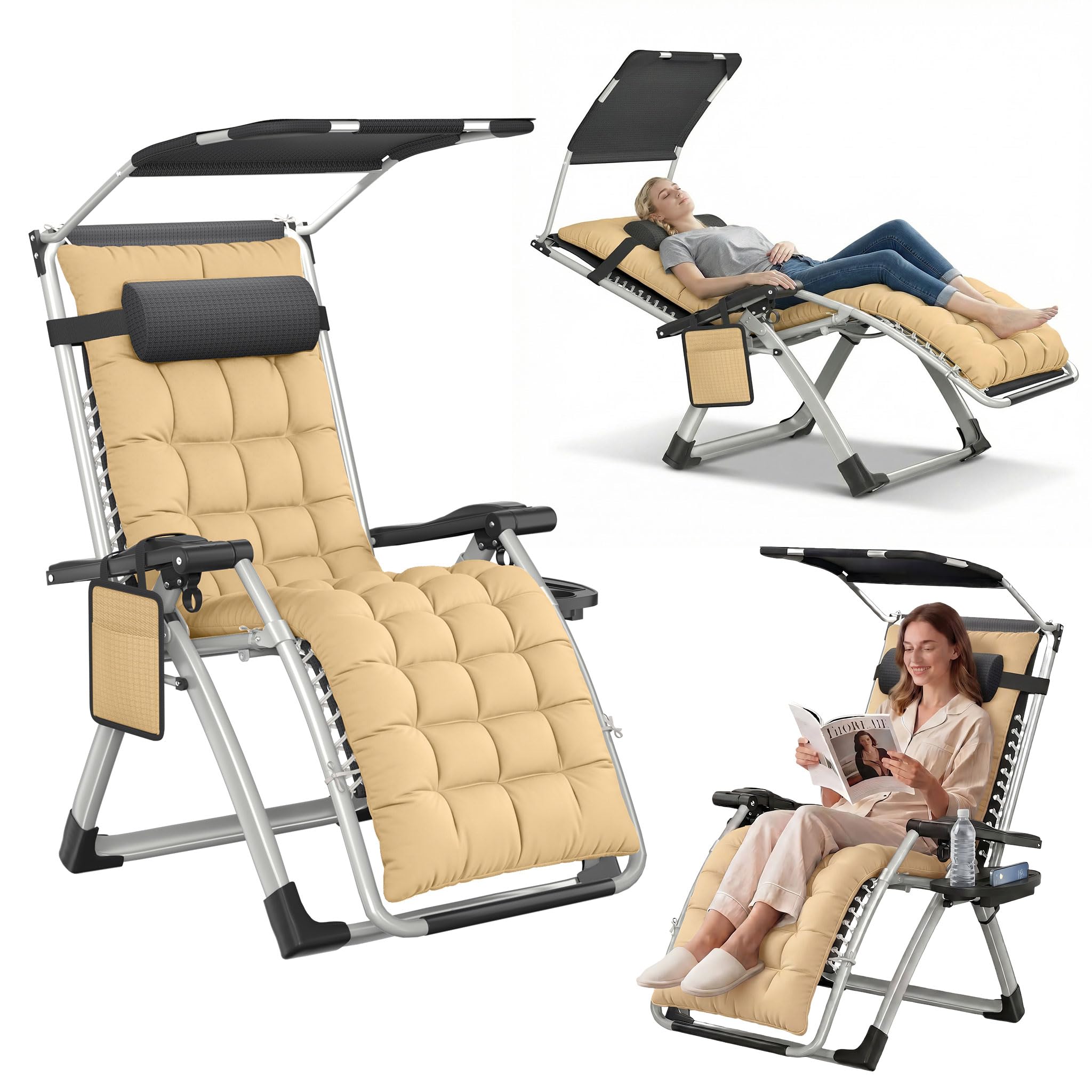 UISEBRT Liegestuhl Klappbar mit Sonnendach,Relaxliege Verstellbar 90-170° mit Nackenkissen, Getränkehalter & Seitentasche -Sonnenliege belastbar bis 160kg für Garten, Balkon & Camping,Beige